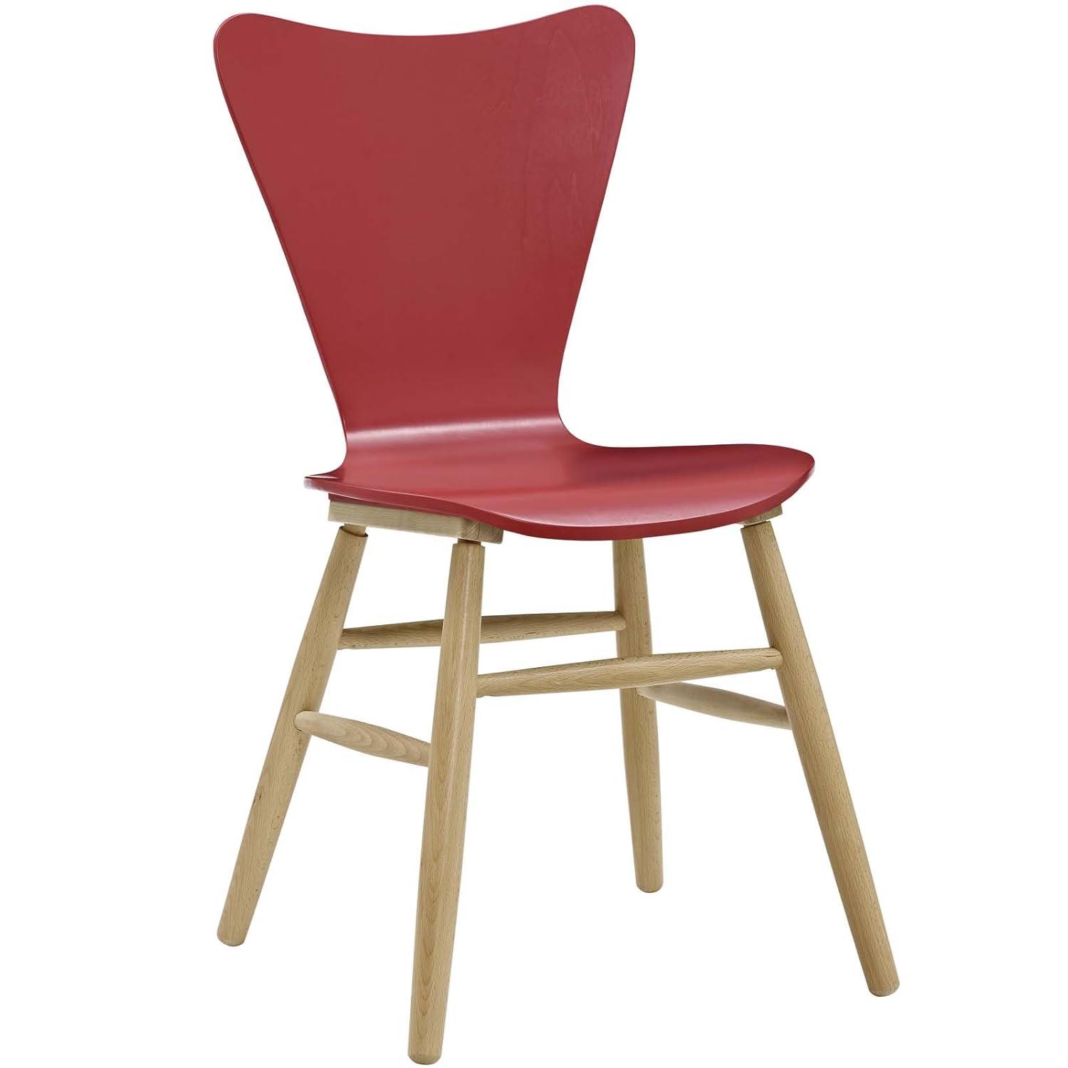 Modway Cascade Wood Dining Chair Red – Mid-Century Modern Dining Side Chair with Curved Back and Natural Wood Legs