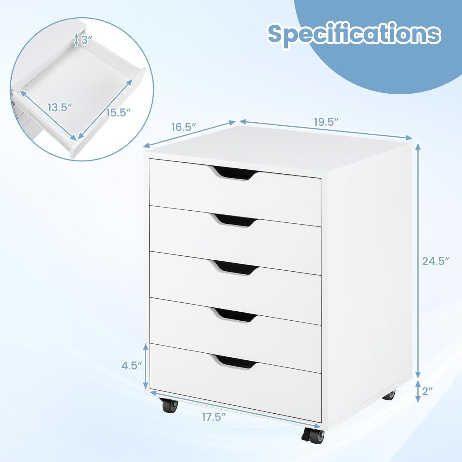 White Mobile 5-Drawer Wood Filing Cabinet with Wheels