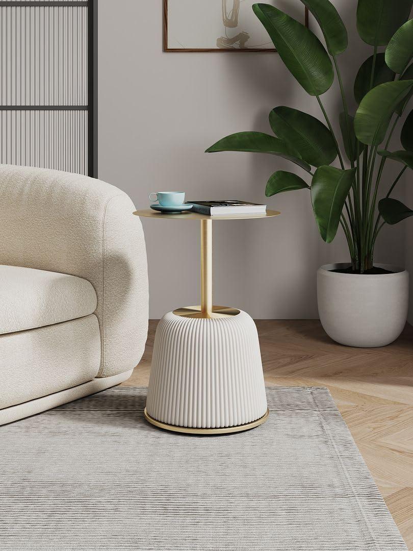 Manhattan Comfort Anderson Modern Leatherette Upholstered End Table with Gold Tabletop Cream: Round, No Assembly, Stainless Steel