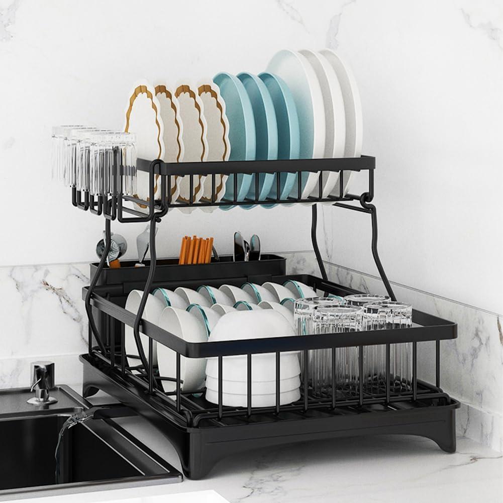 Black Carbon Steel 2-Tier Dish Drying Rack with Utensil Cup