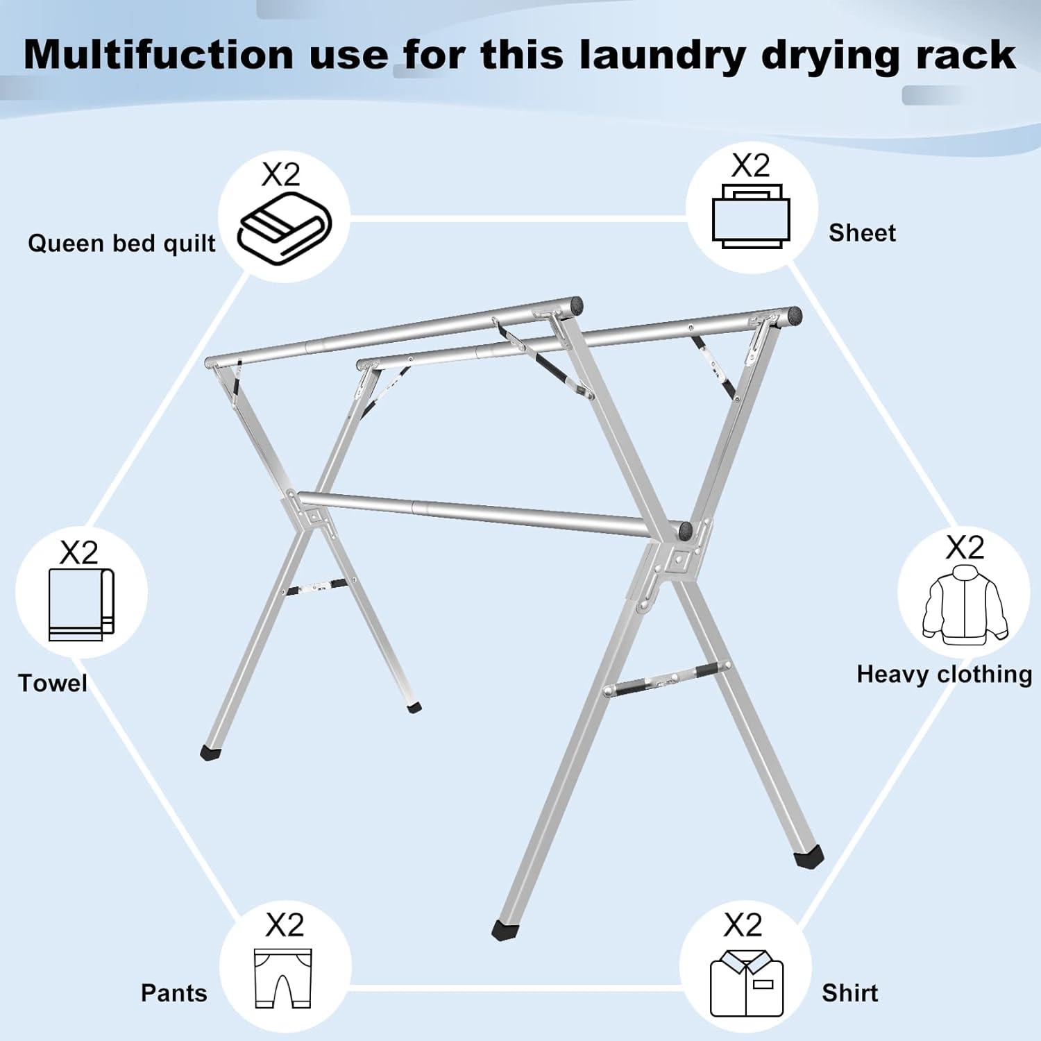 Sillars Clothes Drying Rack, 79 inches Laundry Drying Rack Clothing Foldable & Collapsible Stainless Steel Heavy Duty Clothing Drying Rack with Windproof Hooks for Indoor Outdoor