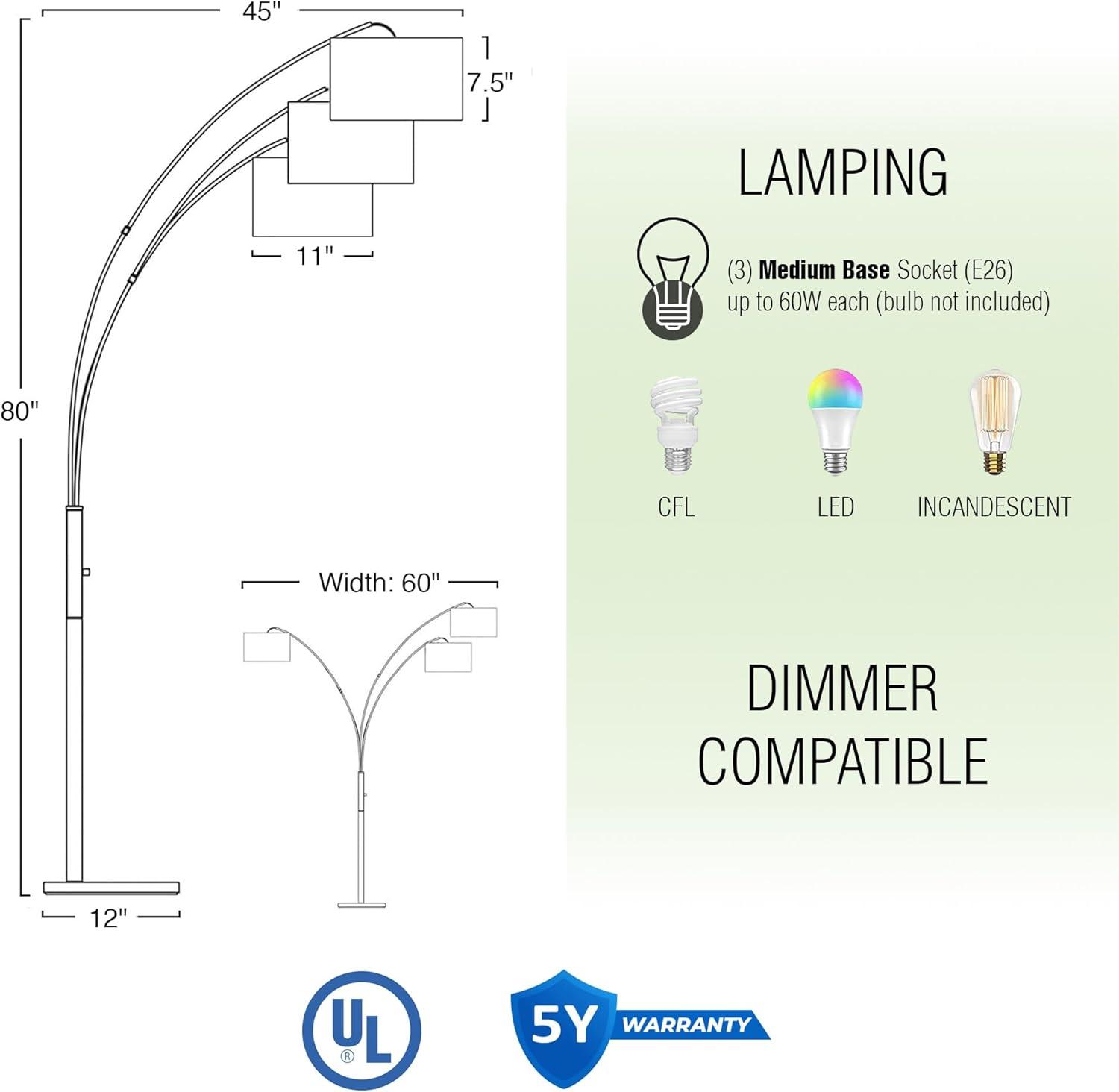 Kira Home Akira 79" 3-Light Modern Arc Floor Lamp with Weighted Base & 3-Way Switch, Oatmeal Shades + Oil Rubbed Bronze