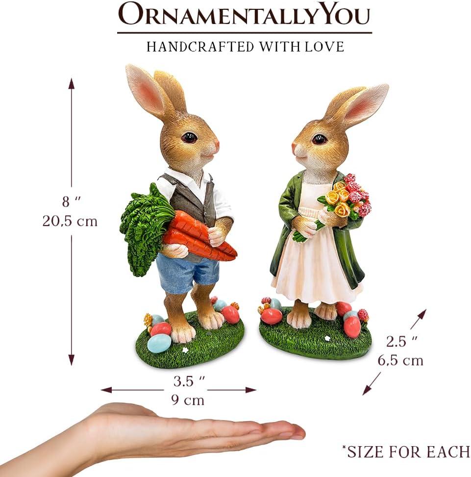 Harvest and Bloom Country Bunny Pair Figurine, 8" Rabbit Garden Statue Set| OrnamentallyYou