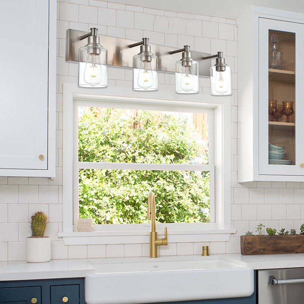 Brushed Nickel 4-Light Bathroom Vanity Fixture with Clear Glass Shades