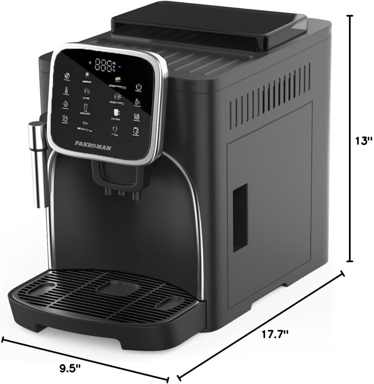 Pakroman Fully Automatic Espresso Machine Milk Frother+19 Bar Italian Ulka Touch Display+Burr Grinder