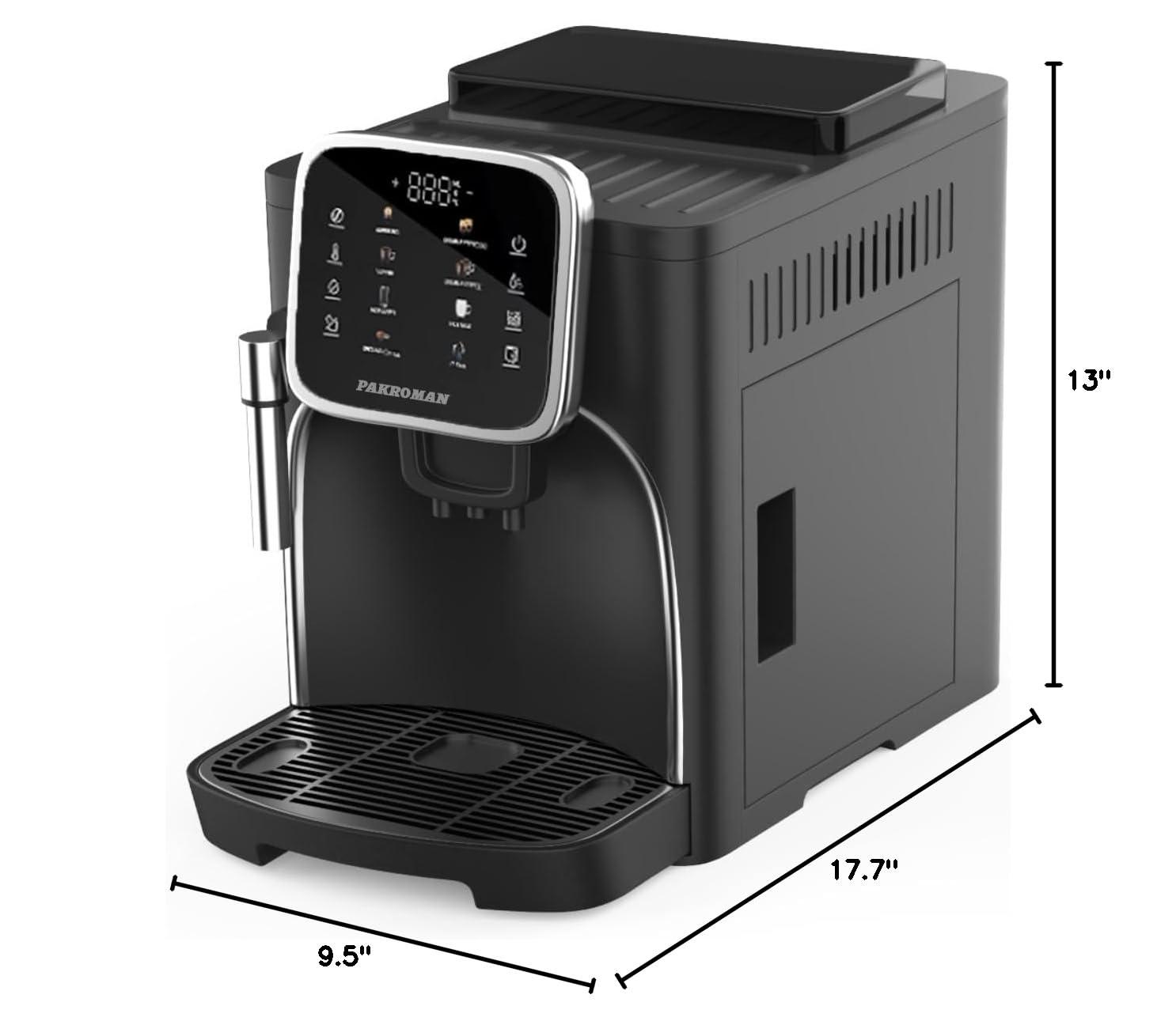 Pakroman Fully Automatic Espresso Machine Milk Frother+19 Bar Italian Ulka Touch Display+Burr Grinder