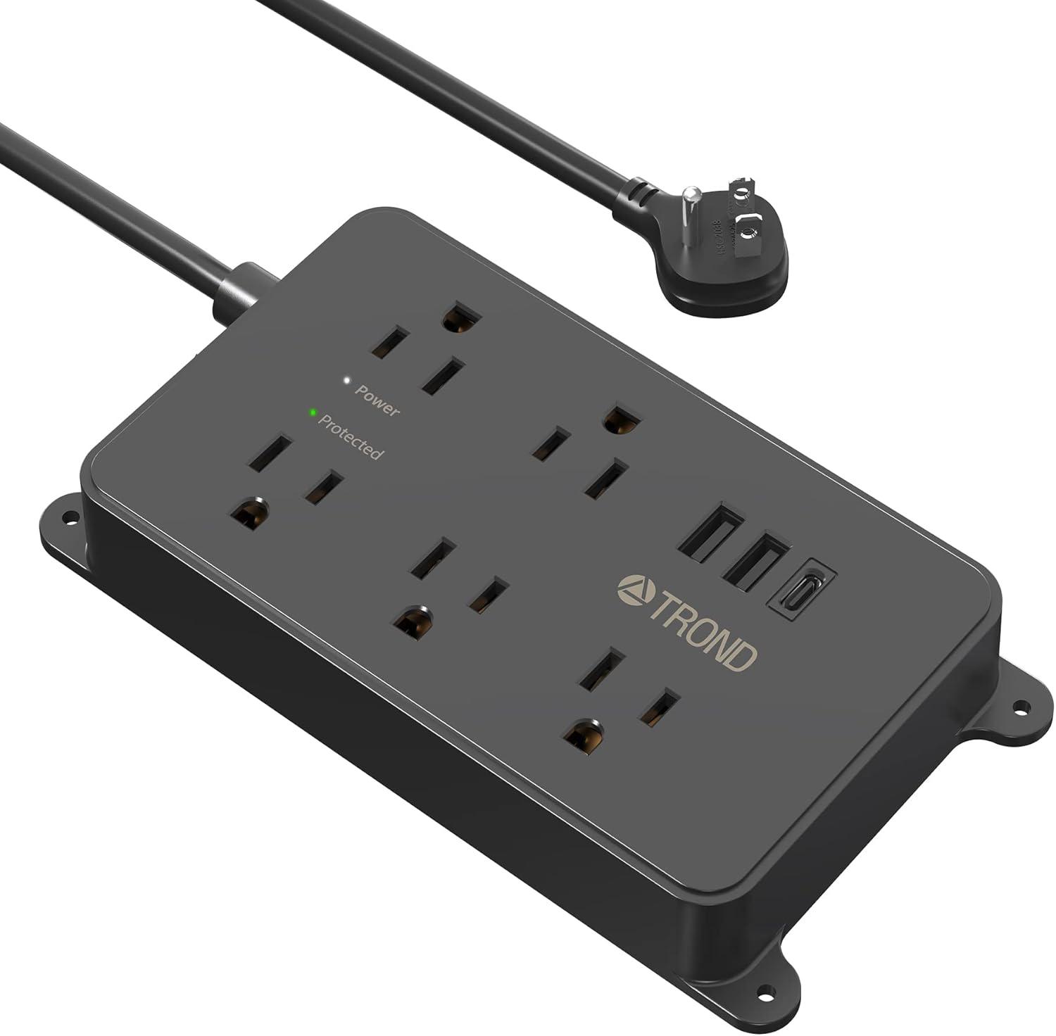 TROND Power Strip Surge Protector, ETL Listed, 15A, 5 Wide Spaced Outlets with 3 USB Ports, Wall Mountable, Flat Plug 5ft Extension Cord, 1300J, 14AWG Heavy Duty, for Office Kitchen, Black