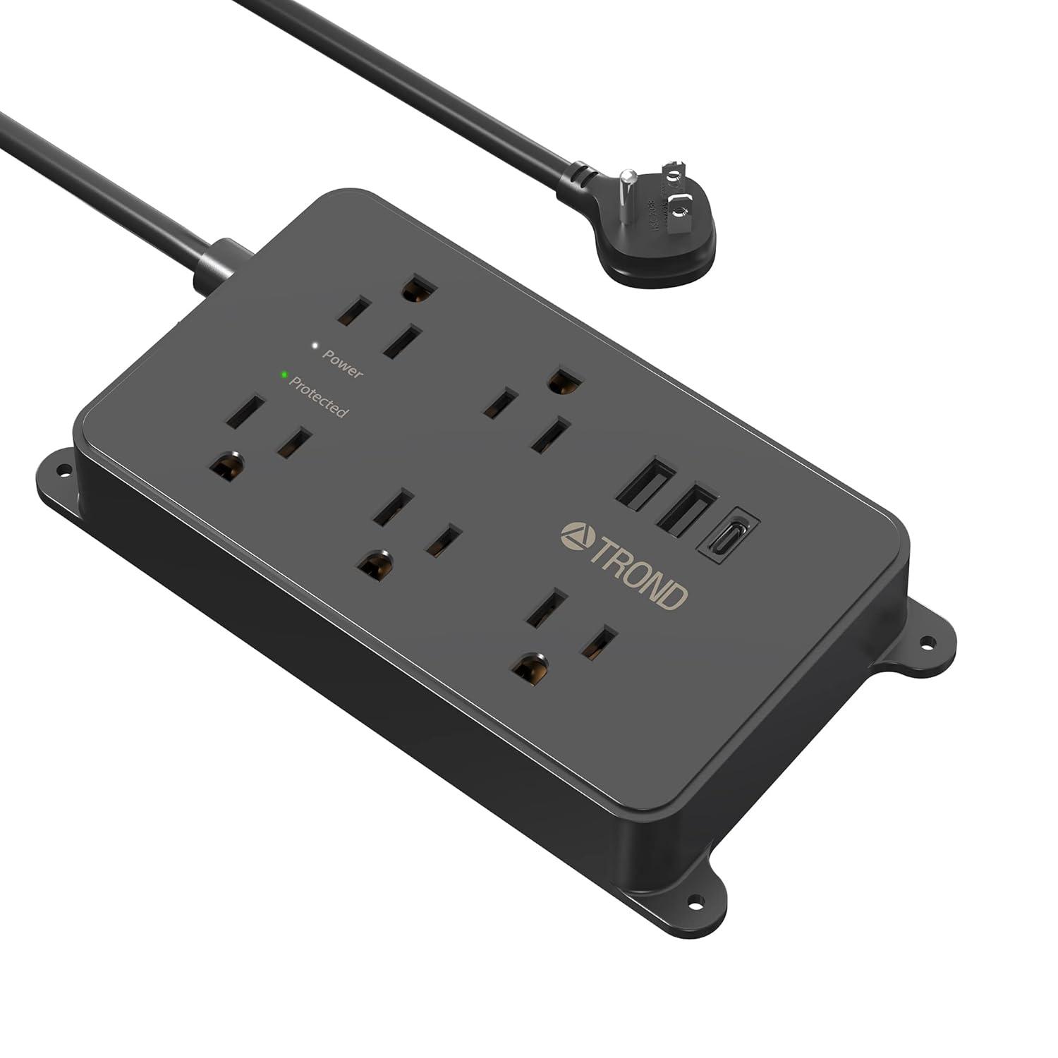 TROND Power Strip Surge Protector, ETL Listed, 15A, 5 Wide Spaced Outlets with 3 USB Ports, Wall Mountable, Flat Plug 5ft Extension Cord, 1300J, 14AWG Heavy Duty, for Office Kitchen, Black