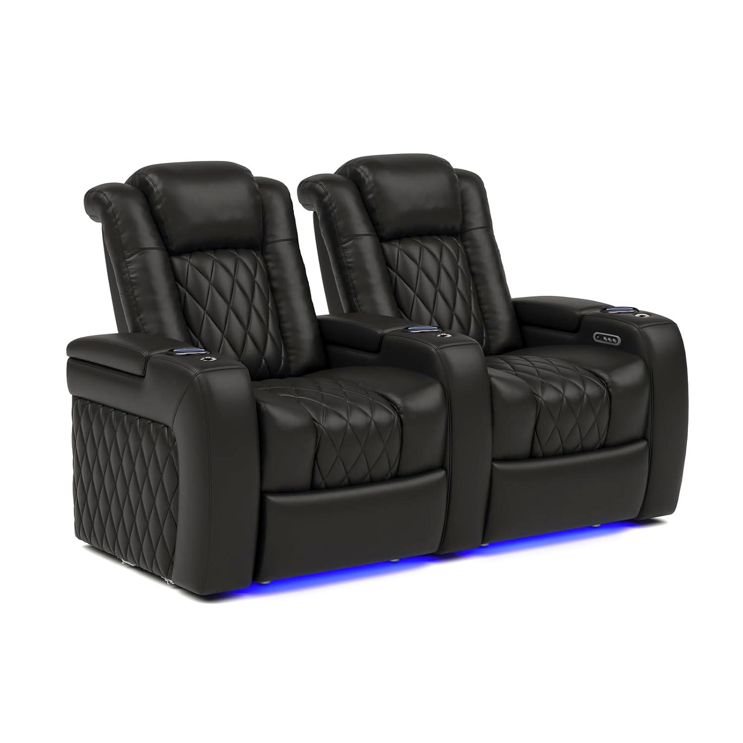 Valencia Tuscany Home Theater Seat - Nappa Leather Power Recliner with Cool Gel Memory Foam, USB-C/USB-A Charging, RGB LED Lights, Adjustable Lumbar & Headrest (Row of 2, Black)