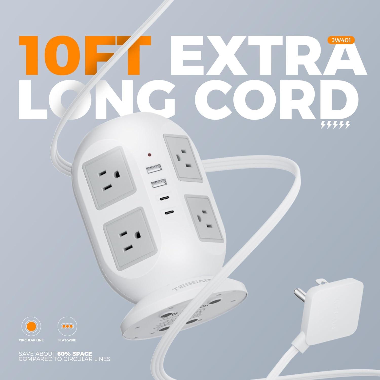 Tower Surge Protector Power Strip 10 ft, TESSAN Long Flat Extension Cord with Multiple Outlets, 8 AC Outlets with 4 USB Ports (1 USB C), Charging Station with Surge Protection, for Home Office Dorm