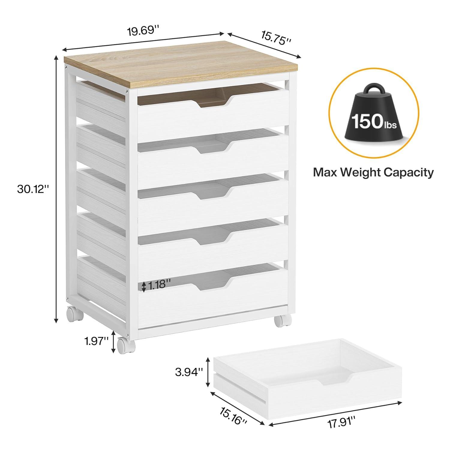 Tribesigns 5 Drawer Chest, Wood Storage Dresser Cabinet with Wheels, Industrial Storage Drawer Organizer Cart for Office Bedroom Entryway, White