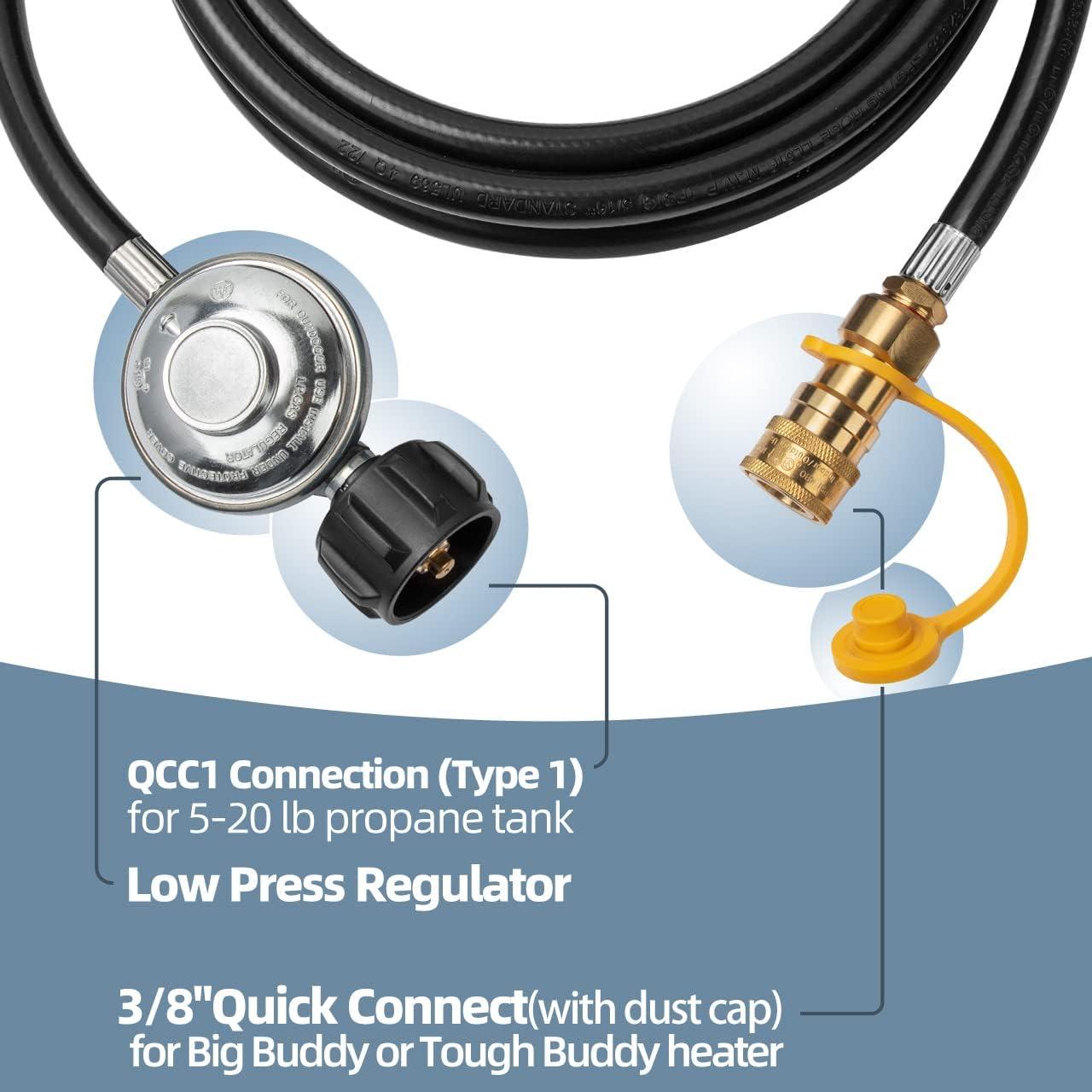 GasSaf 12ft Propane Regulator with Hose, Propane Hose for Indoor/Outdoor Heater -3/8 Quick Connect Disconnect