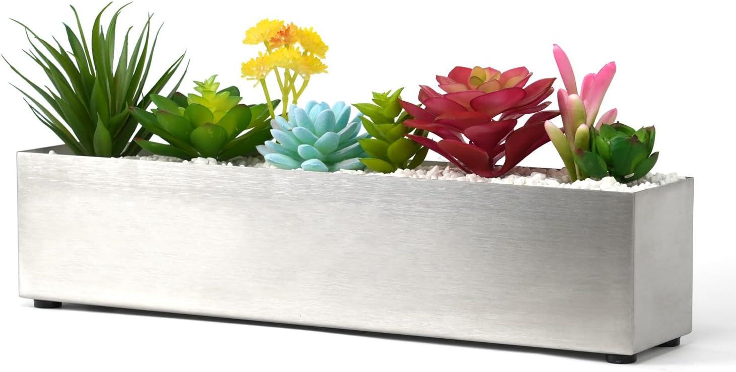 16" Window Box Rectangular Succulent Planting Box Metal Table Sill Planter Pots Modern Long Durable for Small Herb with Drainage Hole for Indoor Outdoor, with 4 Free Rubber Mats, White
