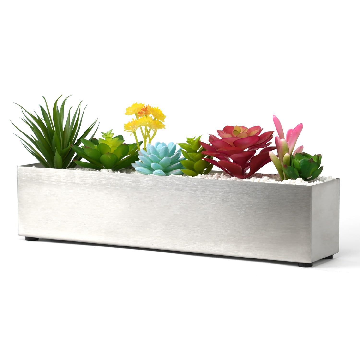 16" Window Box Rectangular Succulent Planting Box Metal Table Sill Planter Pots Modern Long Durable for Small Herb with Drainage Hole for Indoor Outdoor, with 4 Free Rubber Mats, White