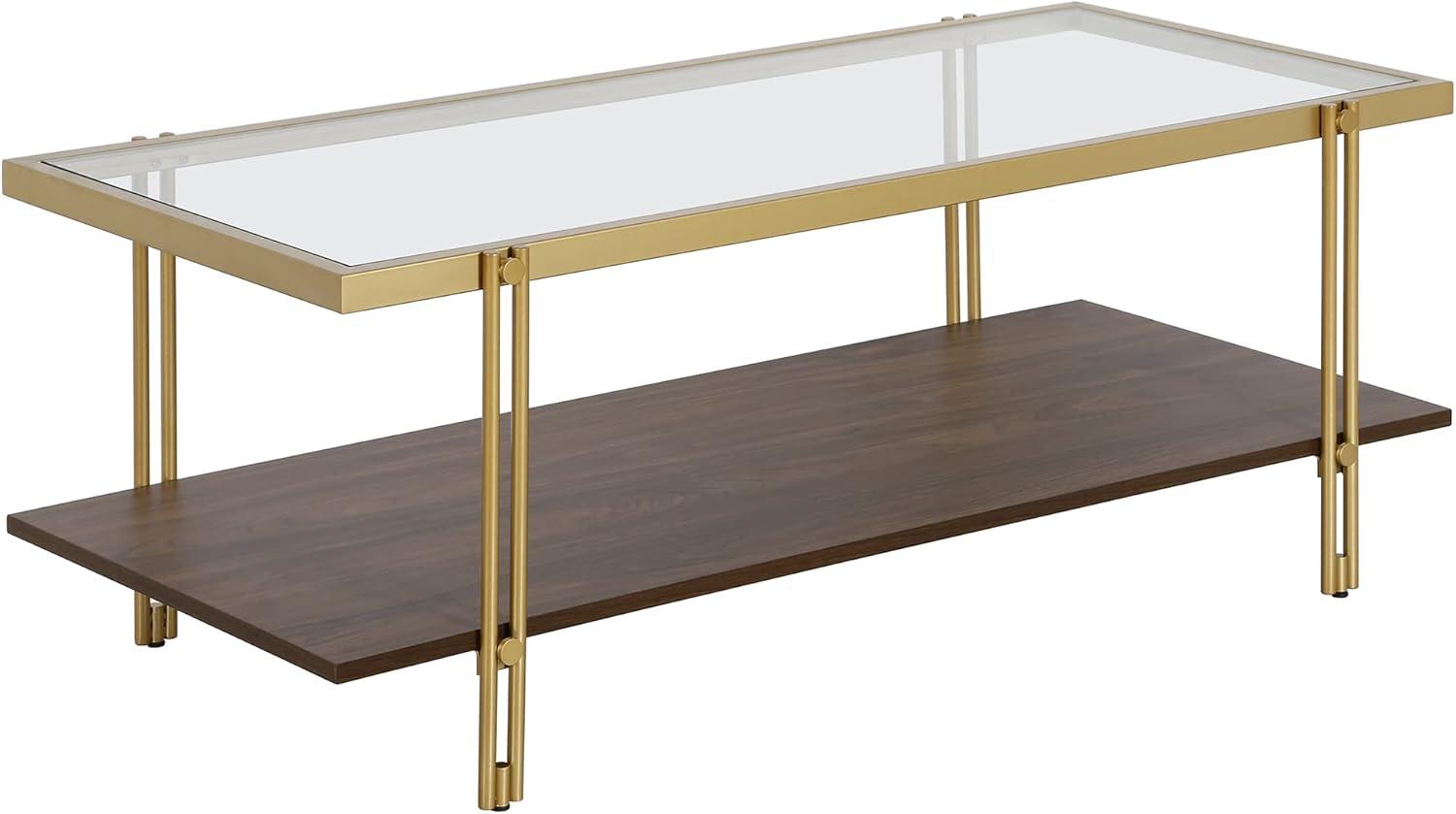 Brass & Walnut Rectangular Coffee Table with Glass Top & Storage Shelf