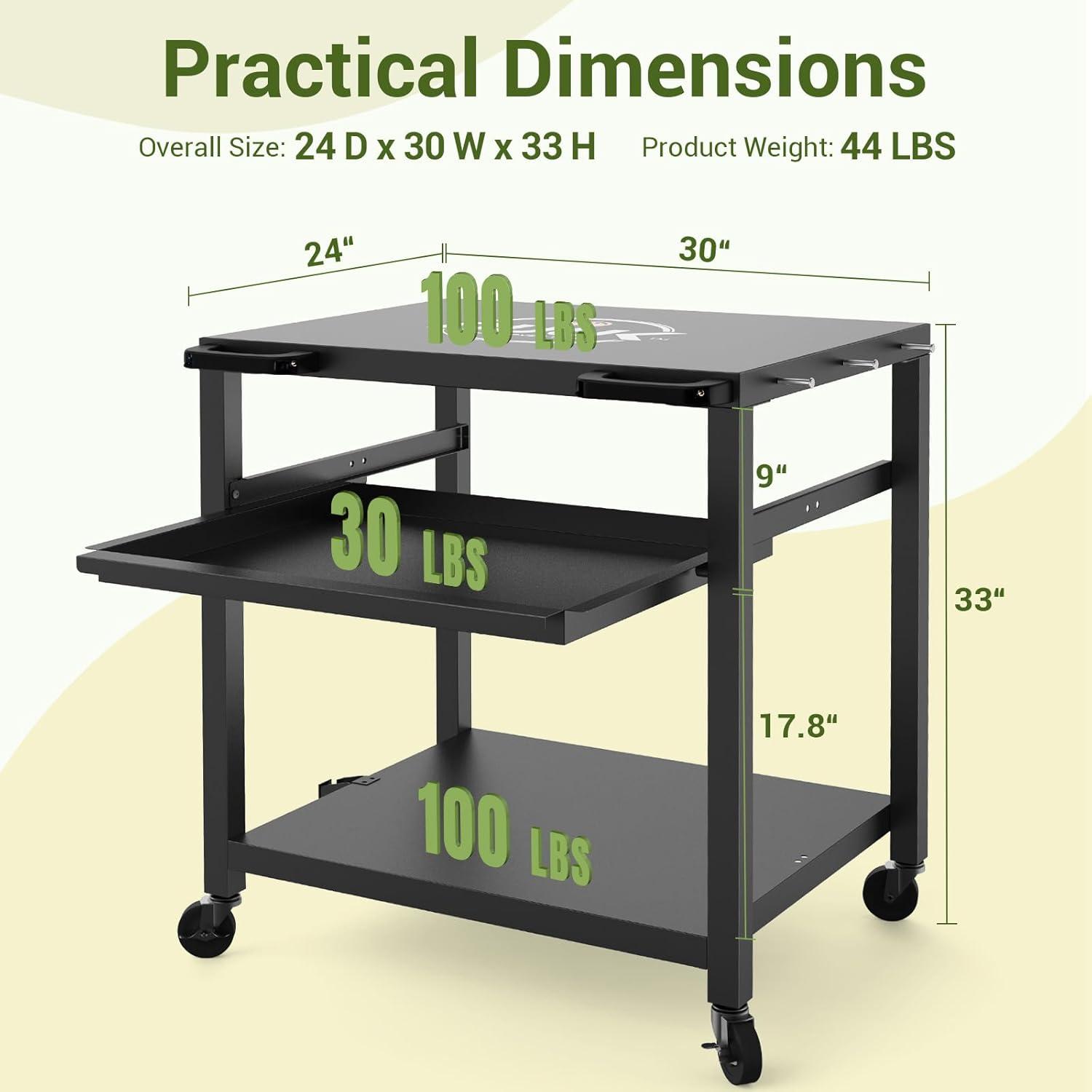 Hokku Designs Outdoor Pizza Oven & Grill Prep Table With Rolling Cart - 24"X30" Metal Top, 3-Layer Drawer Storage