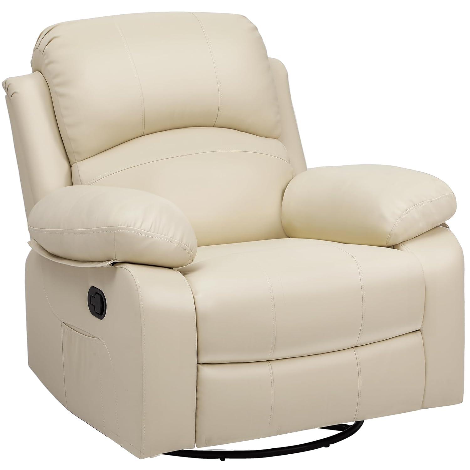 YITAHOME Oversized Rocker Recliner Chair with Heat and Massage, Lazy Boy Recliner with Overstuffed Armrest, Rocking Function and Side Pocket, Faux Leather Manual Reclining Chair for Living Room,Biege2