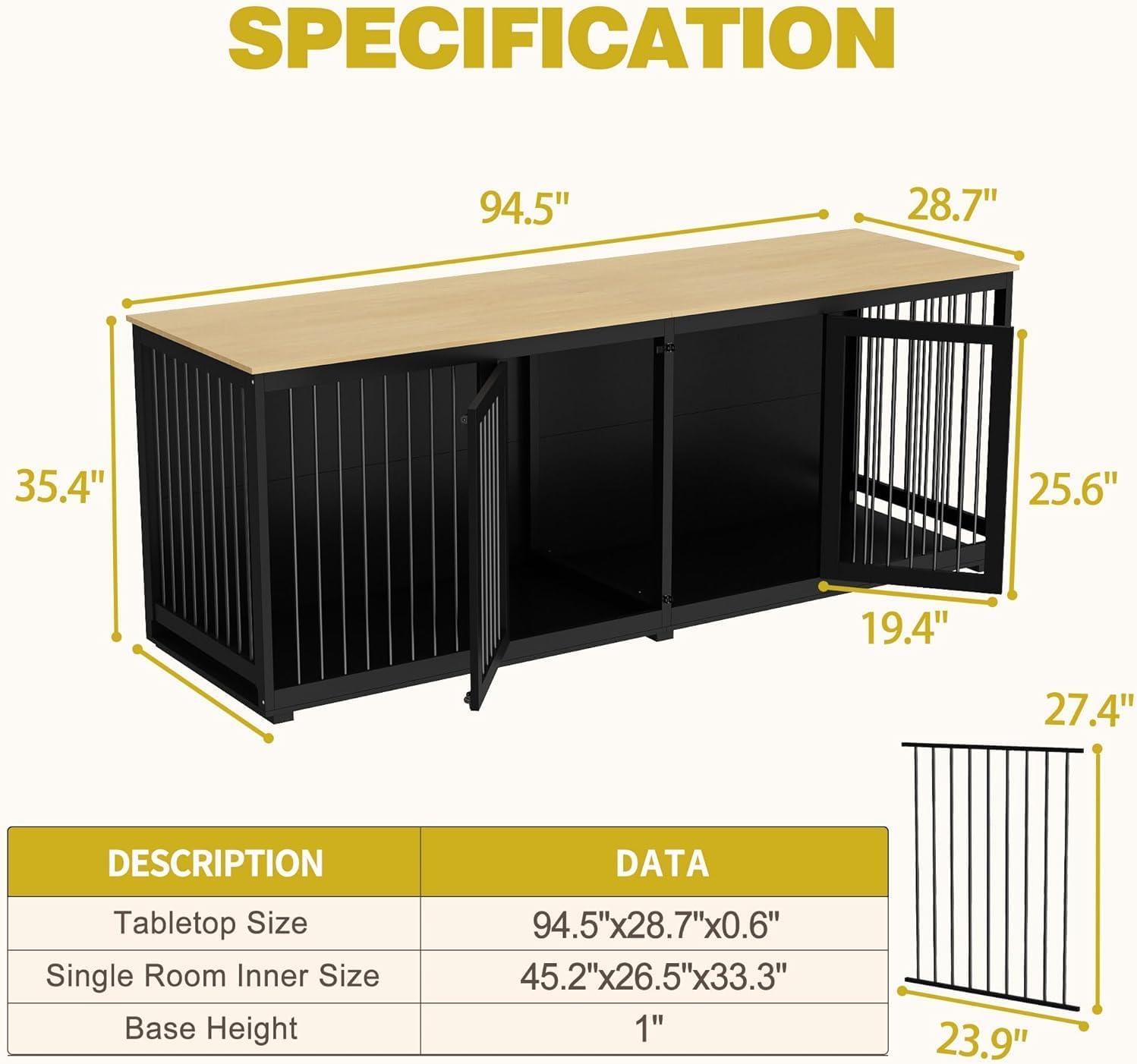 94.5" Extra Large Dog Crate Furniture, Heavy Duty Dog Kennel with a Removable Divider, Indoor Furniture Style Dog Crate House TV Stand with Double Rooms for Large Medium Breed Dogs, Black