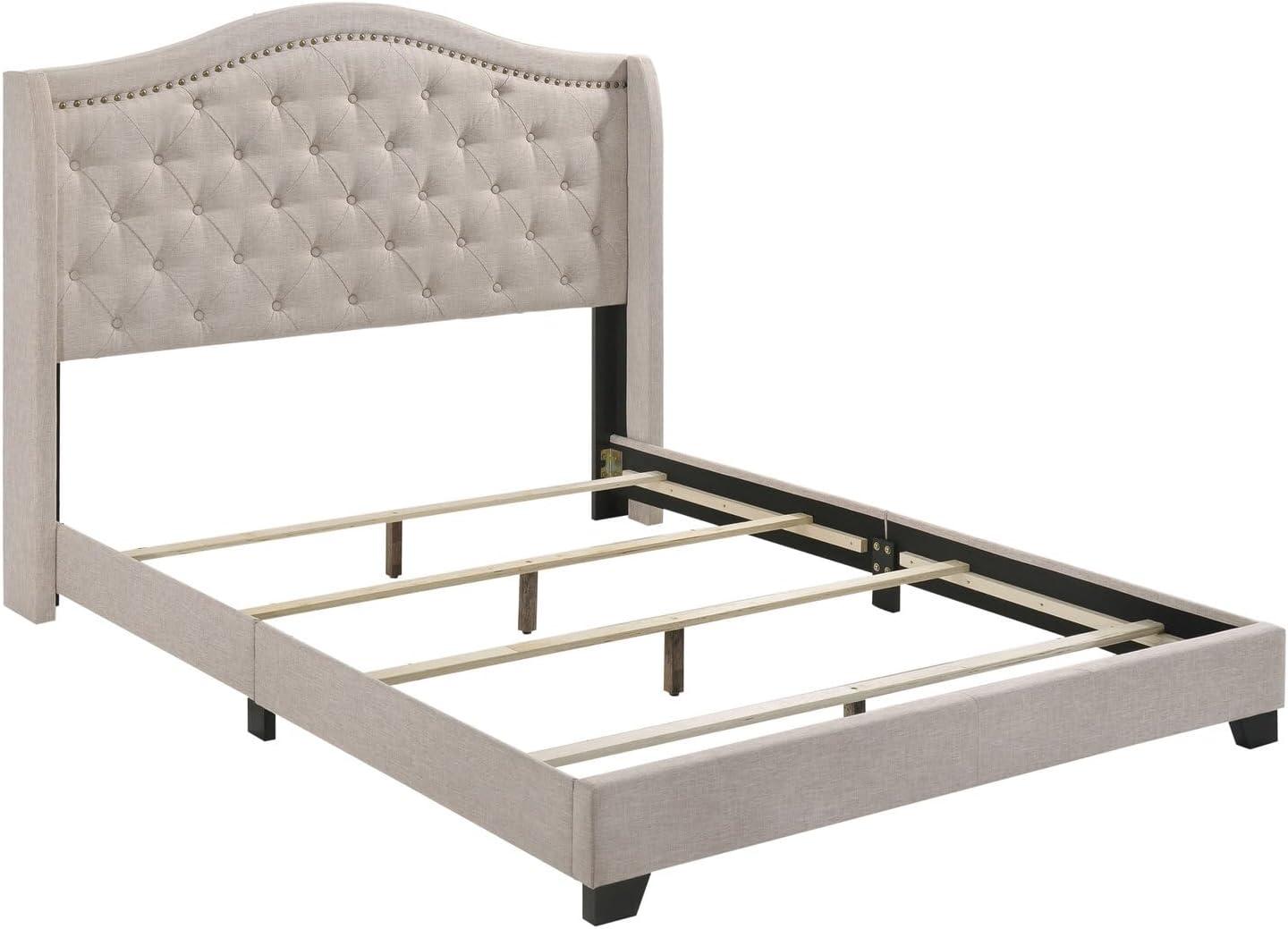 Beige Queen Upholstered Bed with Tufted Headboard and Nailhead Trim