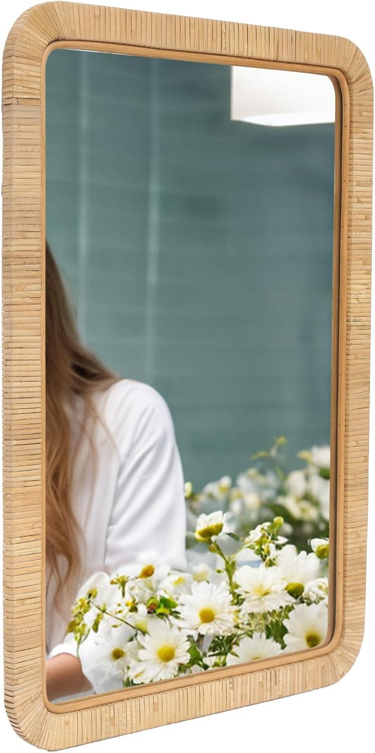 Barnyard Designs Rattan Bathroom Mirror – Rustic Farmhouse Style Handmade Wicker Rattan Frame - Boho Mirror for Nursery Wall Décor (20" x 30", Rectangular)