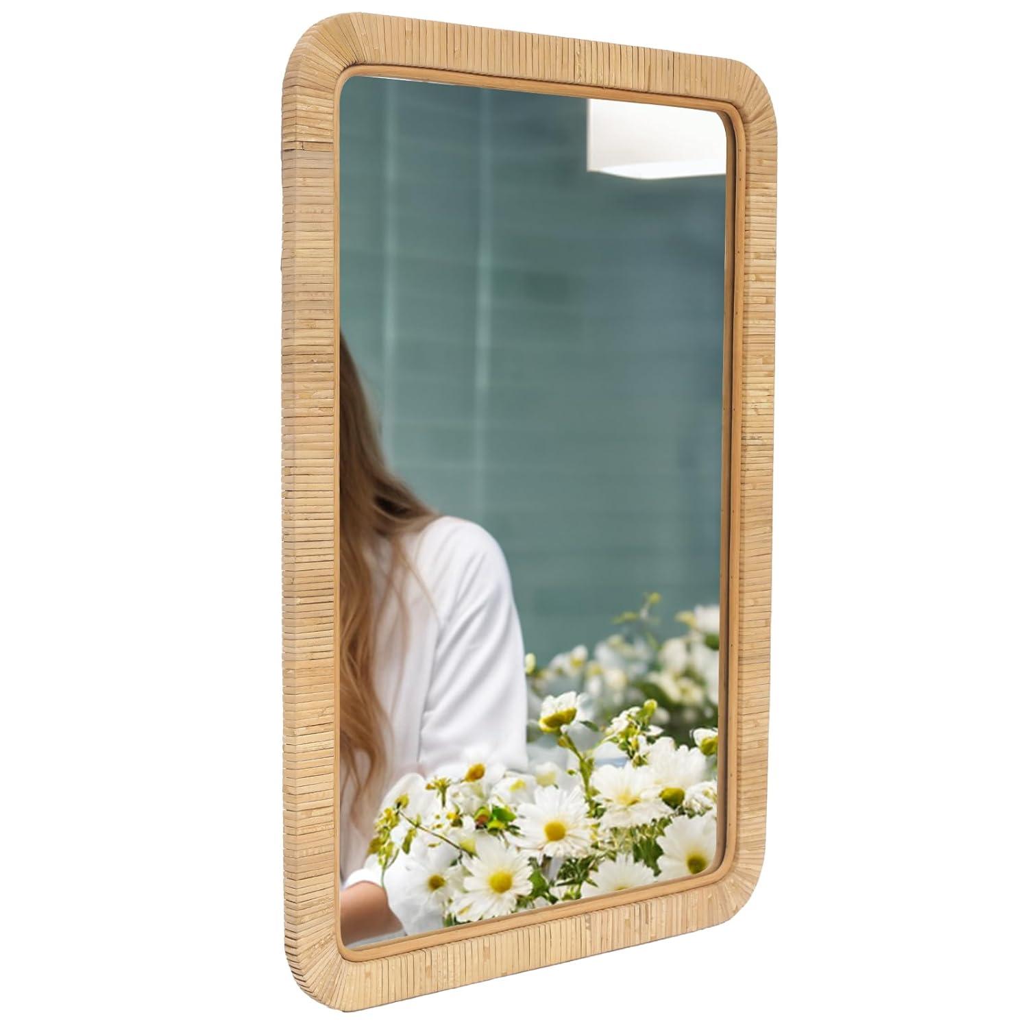 Barnyard Designs Rattan Bathroom Mirror – Rustic Farmhouse Style Handmade Wicker Rattan Frame - Boho Mirror for Nursery Wall Décor (20" x 30", Rectangular)