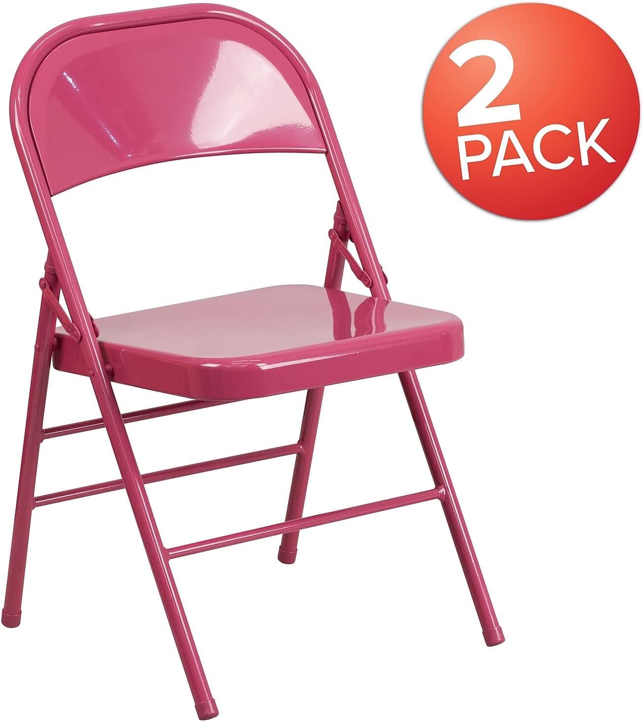 Flash Furniture 2 Pack HERCULES COLORBURST Series Shockingly Fuchsia Triple Braced & Double Hinged Metal Folding Chair