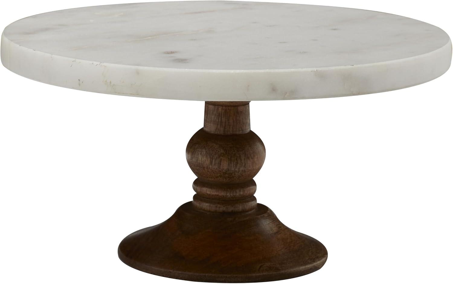 DecMode Modern Round Marble Cake Stand with Carved Wood Base and White Top Finish, 10"W x 5"H