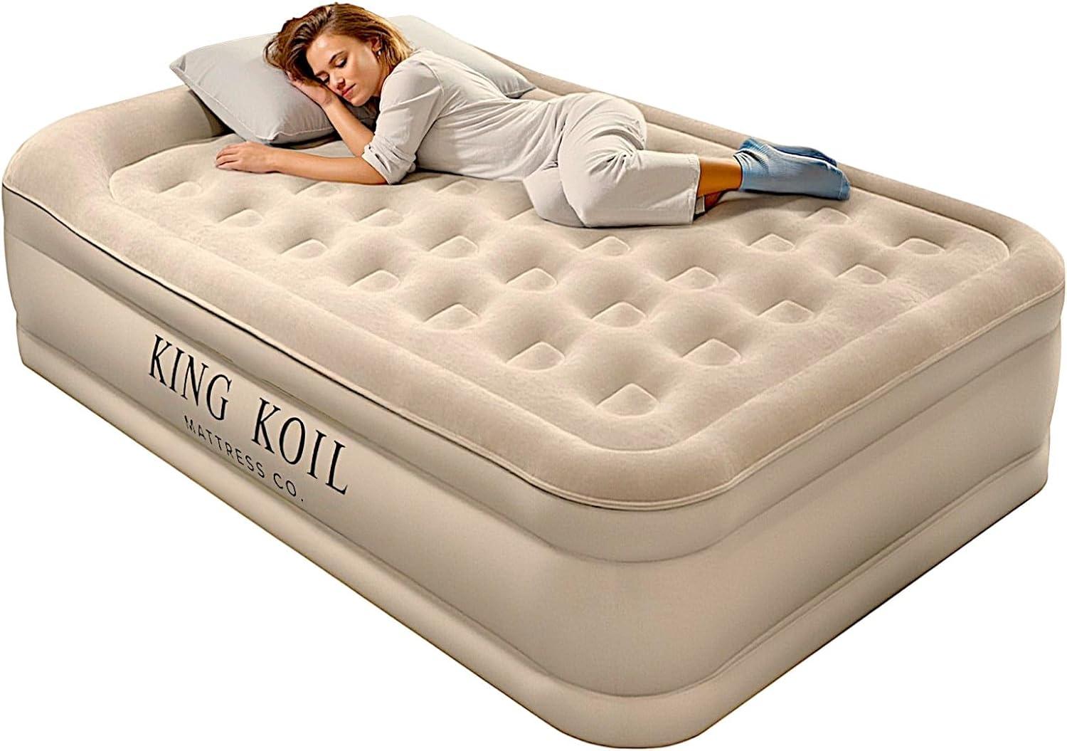 King Koil Luxury Air Mattress 16in Full Size Beige with Built-in Pump for Home, Camping & Guests-Inflatable Airbed Luxury Double High Adjustable Blow Up Mattress, Durable - Portable and Waterproof