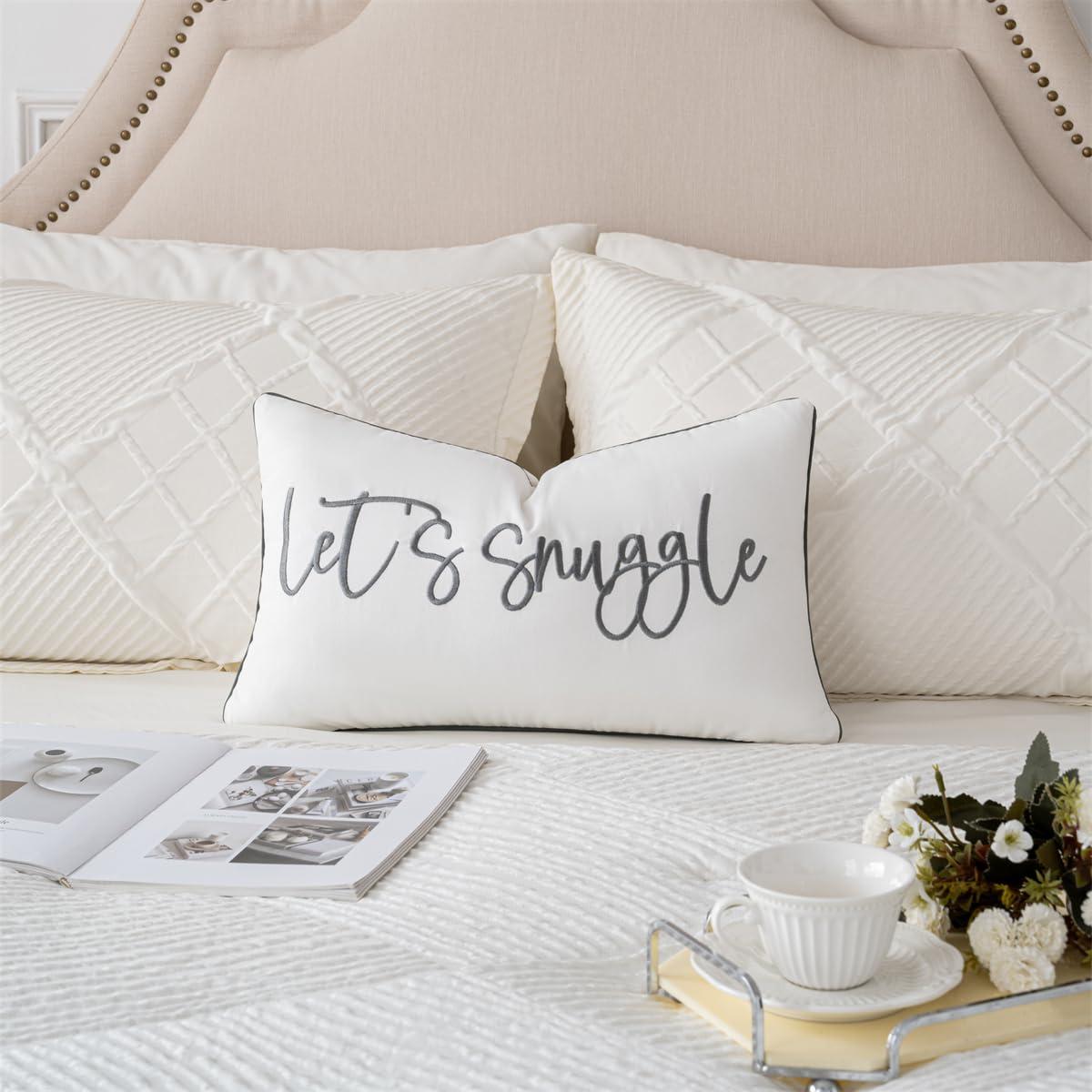 Sunkifover Let's Snuggle Decorative Lumbar Pillow Cover - 12x20 Inch White and Grey Cotton Embroidery Throw Pillowcase for Bed, Bedroom, Living Room, Home Decor