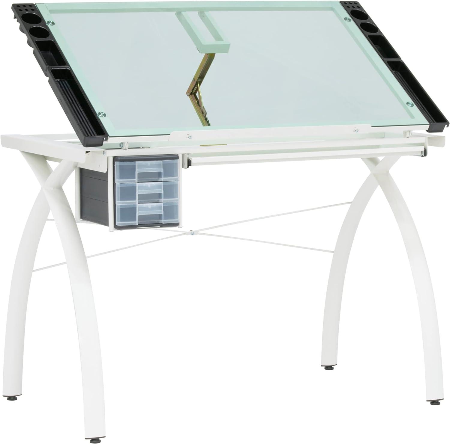 Futura Ivory Frame Drafting Table with Sea Green Glass Top