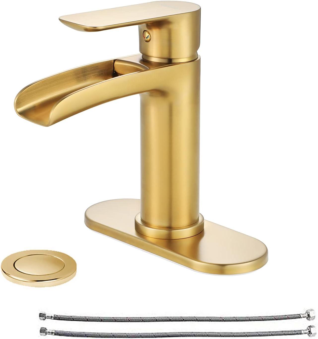 Brushed Gold Brass Waterfall Spout Single-Handle Bathroom Faucet