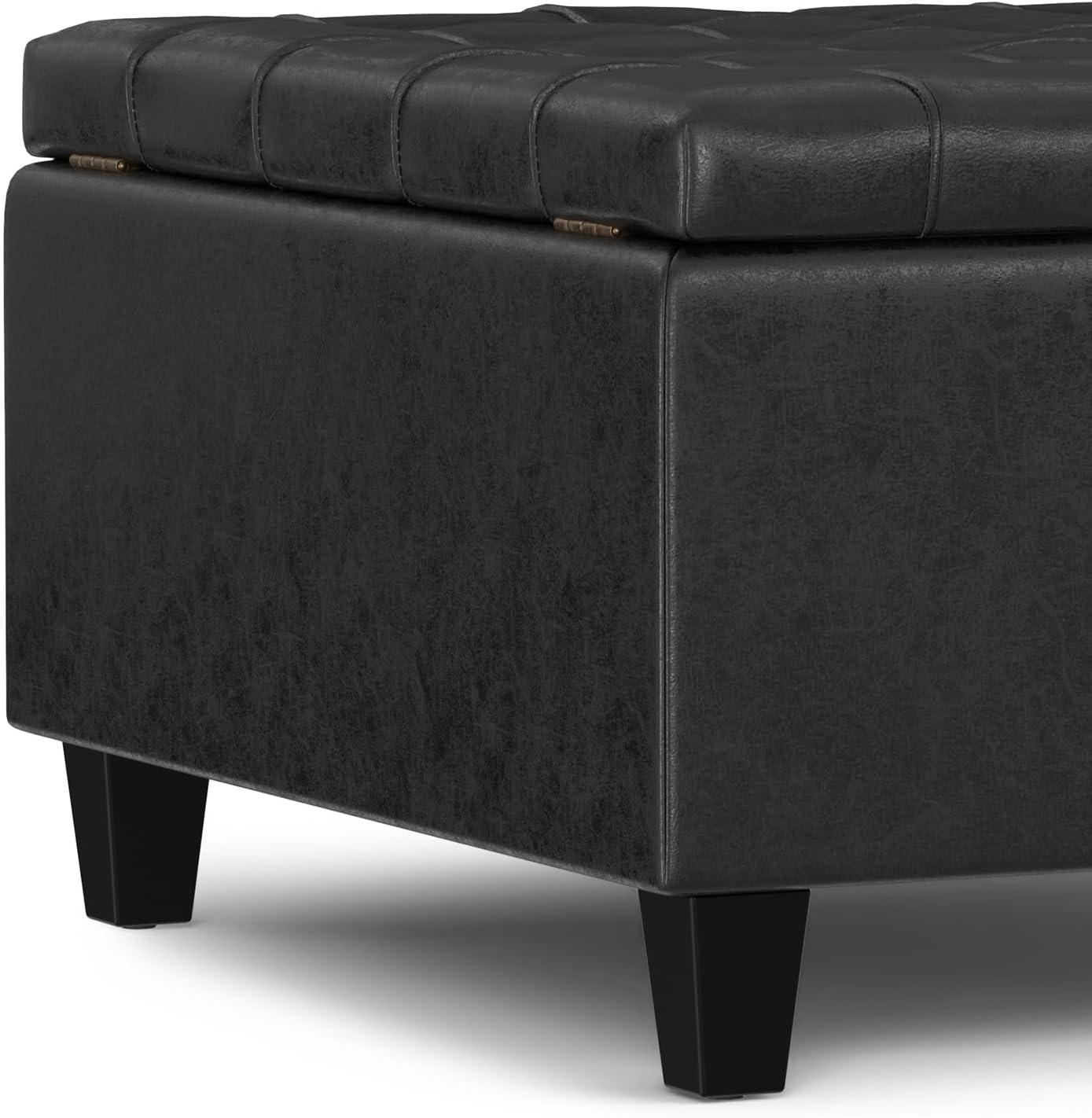 Simpli Home Harrison 30 inch Wide Transitional Square Small Coffee Table Storage Ottoman in Distressed Black Vegan Faux Leather