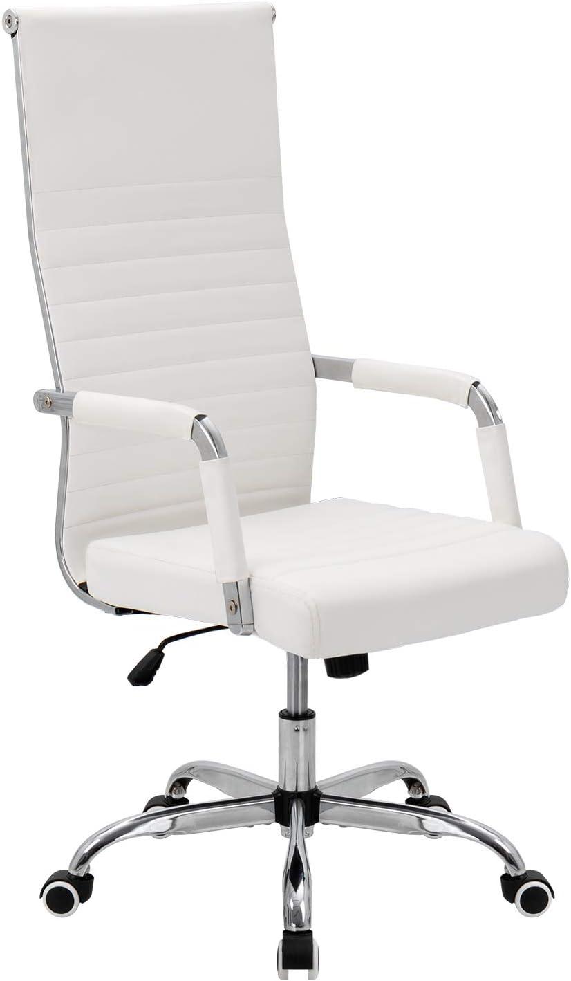 Jadona Ribbed Office Chair High Back PU Leather Executive Conference Chair Adjustable Swivel Chair with Arms (White)