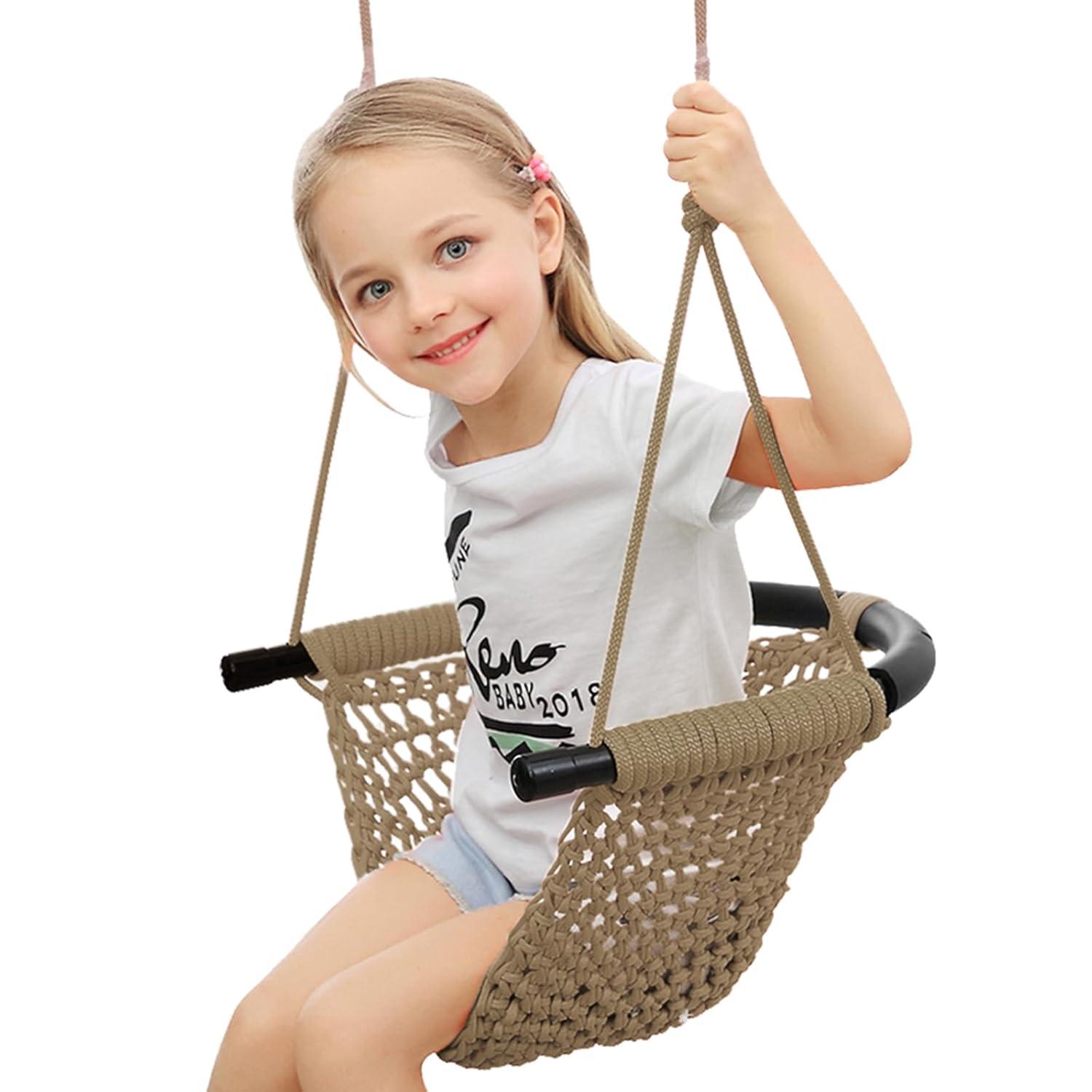 Hand-Knitting Toddler Swing, Swing Seat for Kids with Adjustable Ropes, Little tikes Swings Set, for Outdoor Indoor, Playground, Backyard (Light Brown)