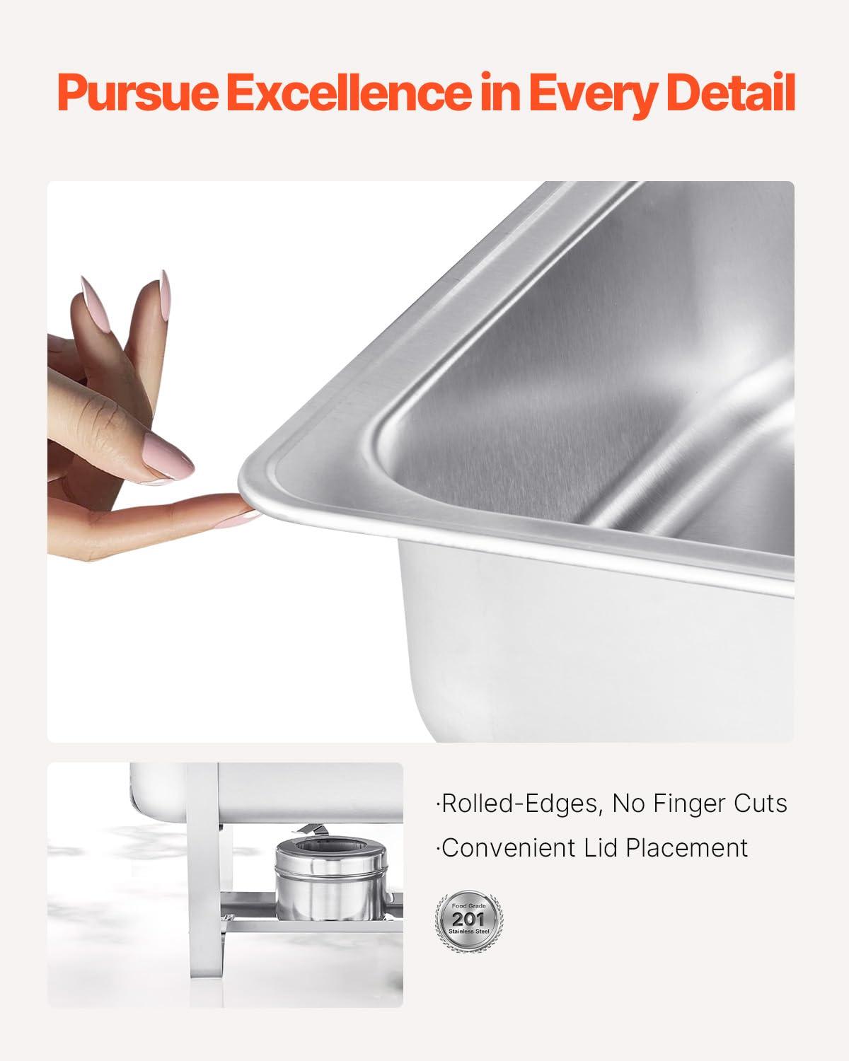 VEVOR Chafing Dish Buffet Set, 8 Qt 2 Pack, Stainless Chafer with 2 Full & 4 Half Size Pans, Rectangle Catering Warmer Server with Lid Water Pan Folding Stand Fuel Tray Holder Clip