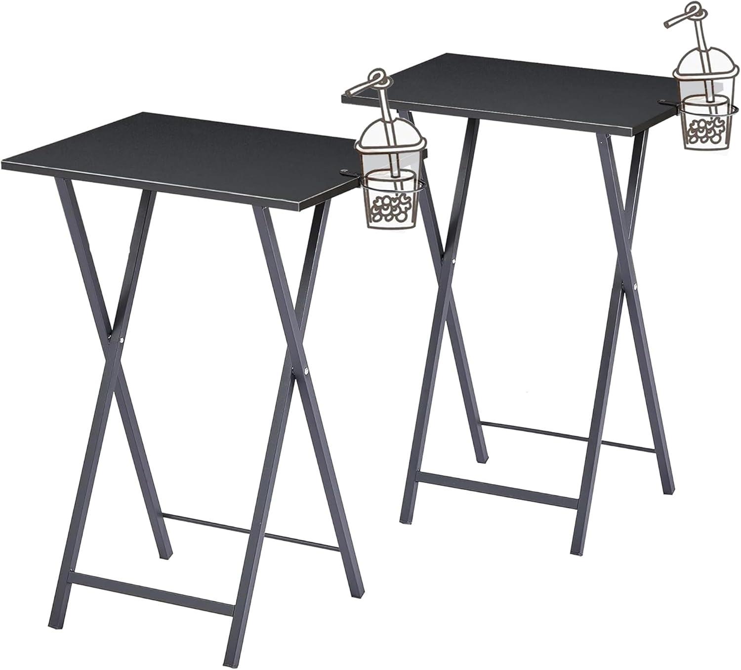 VECELO Folding TV Tray for Eating Set of 2, Portable Dinner/Snack Table with Cup Holder for Couch, Living Room and Small Space, Matte Black