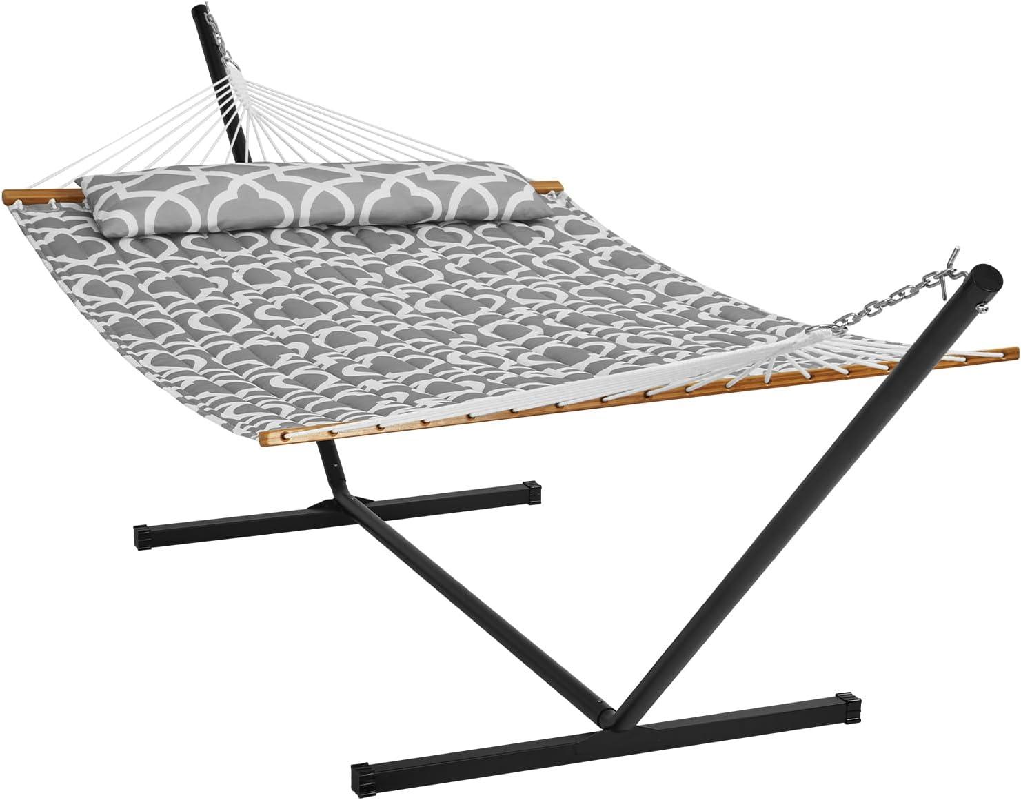 2 Person 12.3 ft Hammock with Stand Included Double Hammock with Curved Spreader Bar and Detachable Pillow