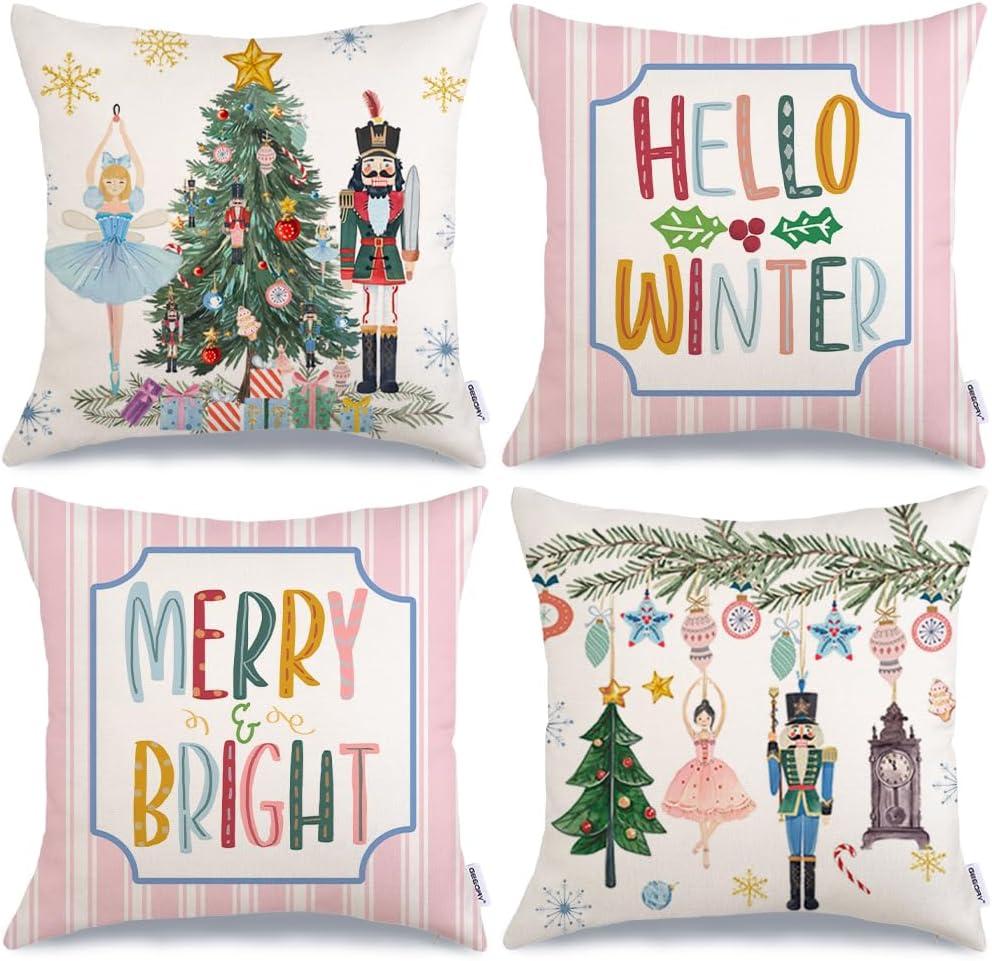 Pink Christmas Pillow Covers 18 x 18 Inch Set of 4 Striped Christmas Decorations Pink Christmas Tree Santa Claus Farmhouse Holiday Hello Winter Let it Snow Throw Pillows Cushion Case for Sofa Couch