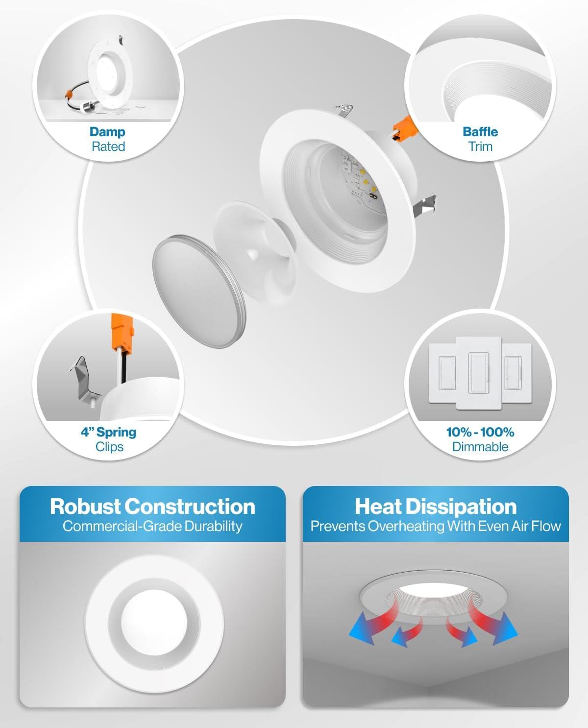 White 4" Dimmable LED Baffle Recessed Light, 10-Pack