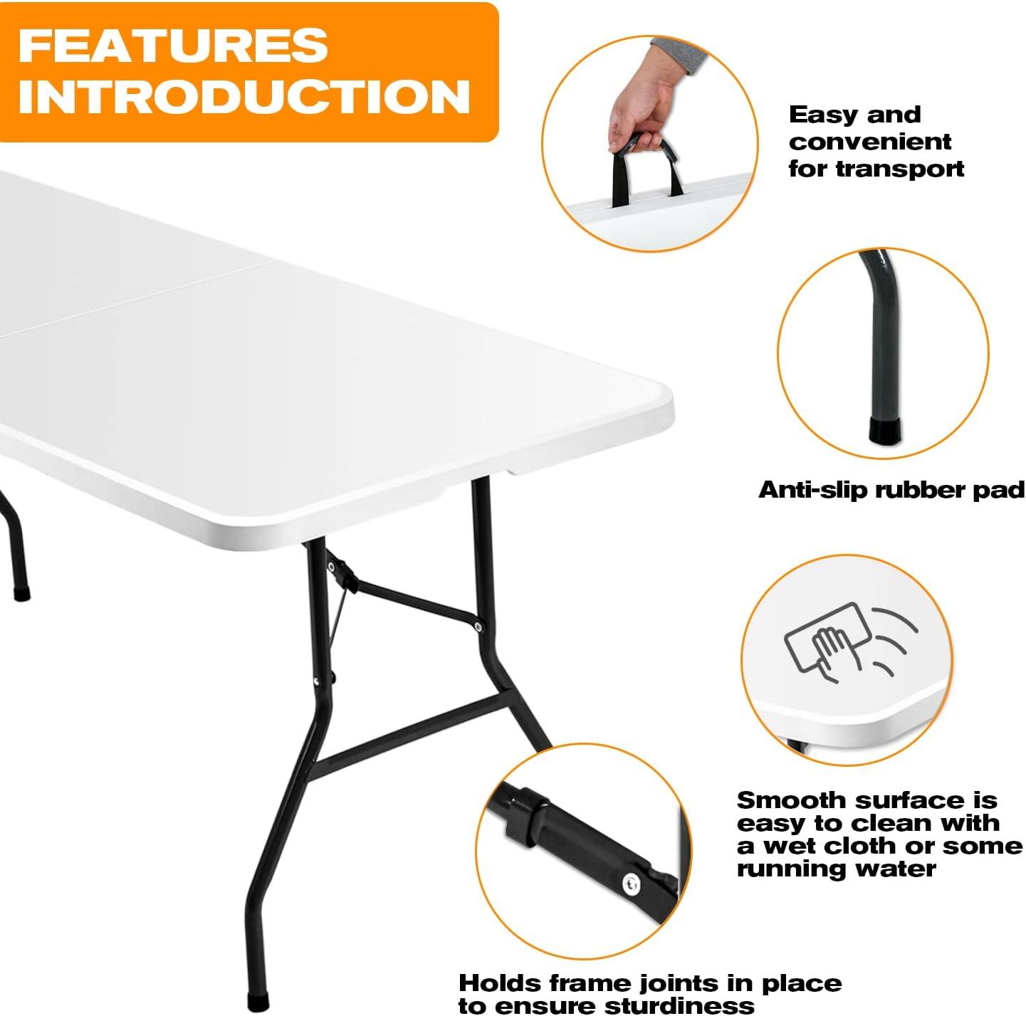 6 Foot Folding Table, Portable Plastic Dining Table, Fold-in-Half Heavy Duty Table Indoor Outdoor for Camping, Picnic, Party, BBQ, Wedding, White