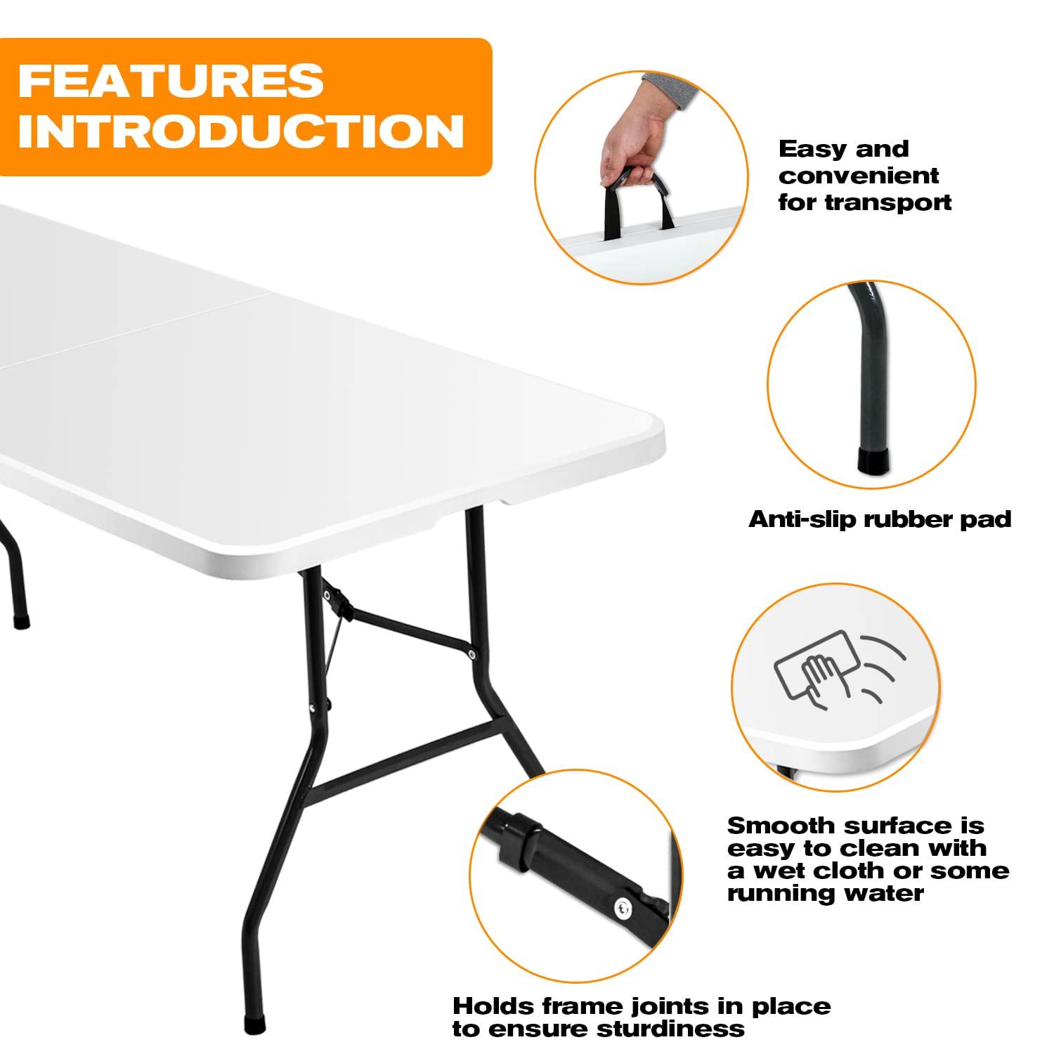 6 Foot Folding Table, Portable Plastic Dining Table, Fold-in-Half Heavy Duty Table Indoor Outdoor for Camping, Picnic, Party, BBQ, Wedding, White