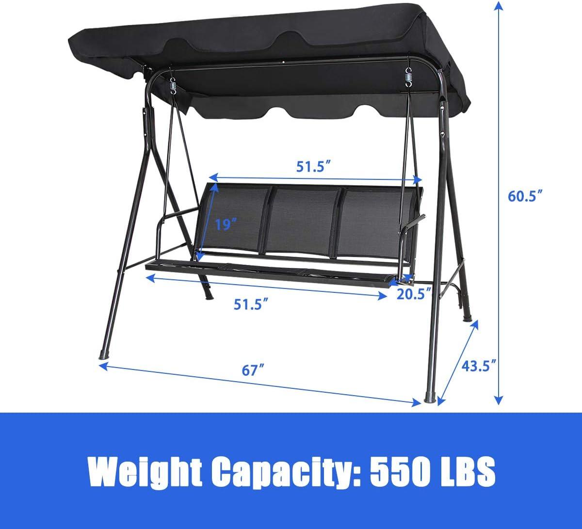 Costway Outdoor Patio Swing Canopy 3 Person Canopy Swing Chair Patio Hammock Black