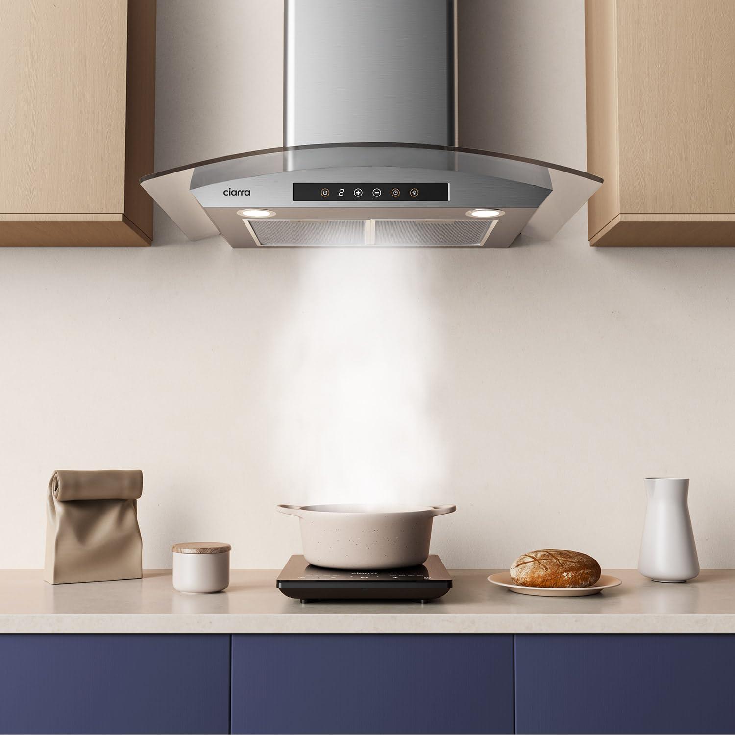 CIARRA Wall Mount Range Hood 30 inch with Tempered Glass 450 CFM Kitchen Vent Hood Ductless Ducted Convertible CAS50275