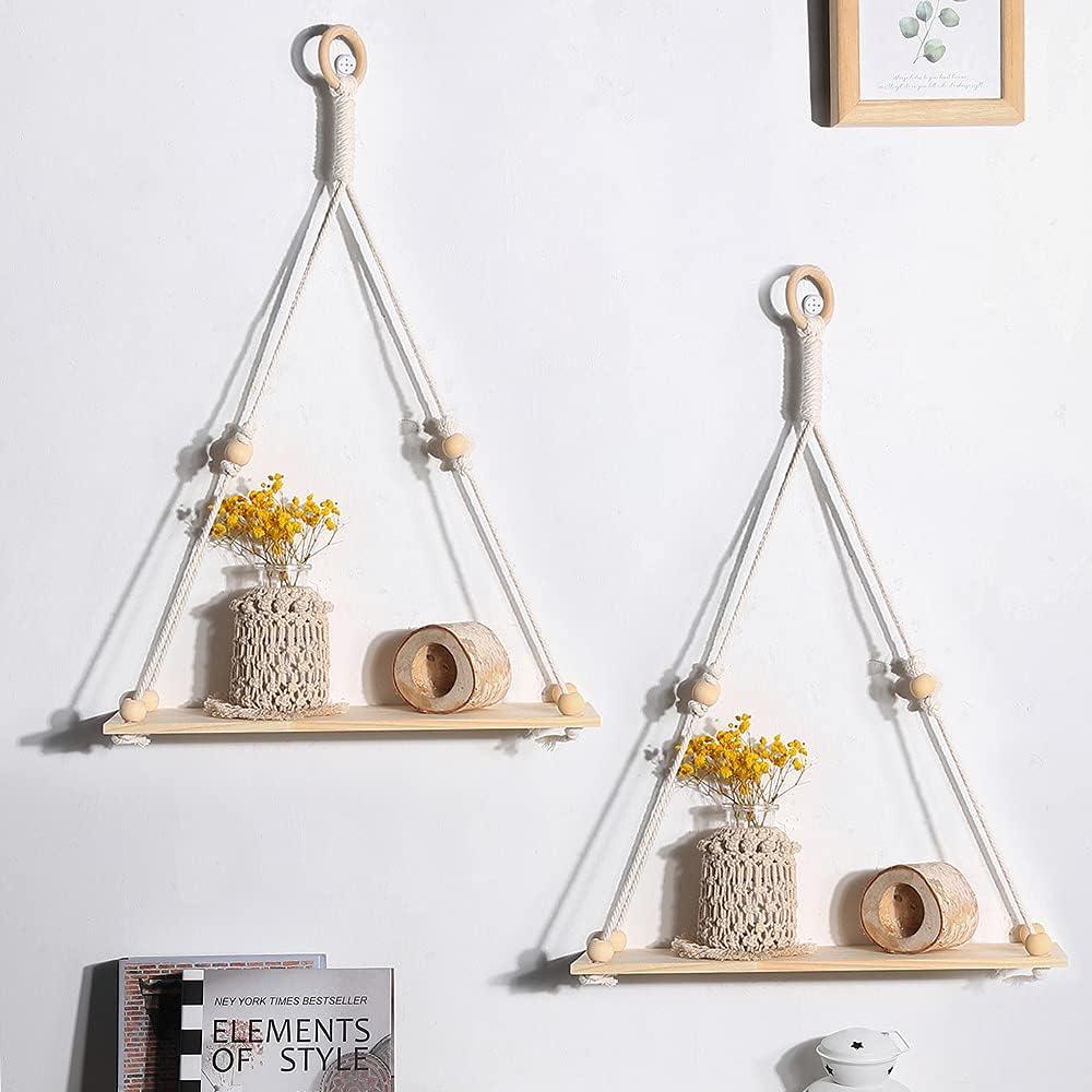 Boho Pine Wood Macrame Hanging Shelves with Tassels, Set of 2