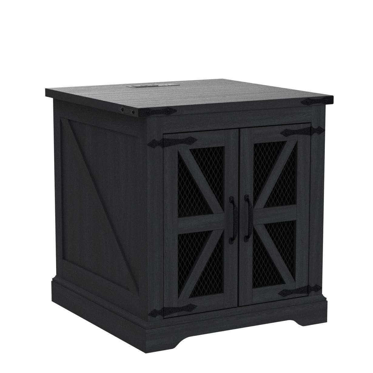 Farmhouse End Table, 24" Large Sofa Side Table with Charging Station, Mesh Barn Door, and Adjustable Storage Shelf, Rustic Wood Square Nightstand for Living Room, Bedroom, Office, Brown