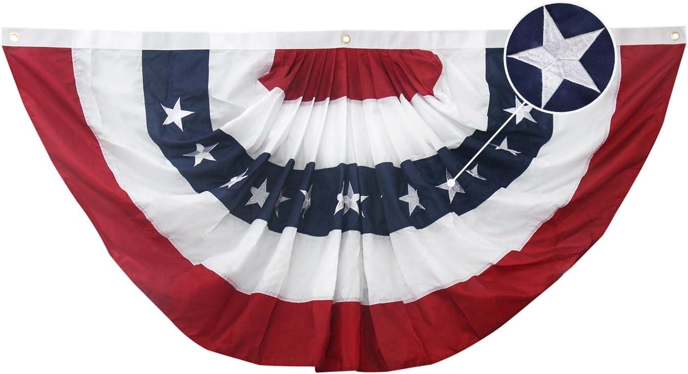 Patriotic Red White and Blue Pleated Fan Flag with Grommets