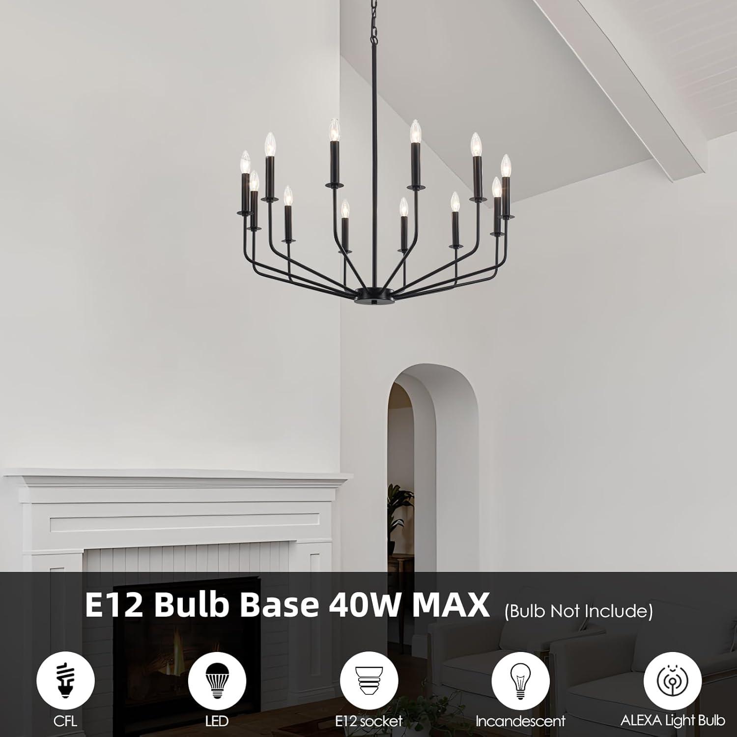 Farmhouse Black Large Chandelier Light Fixture for Dining Room,12 Light Round Matte Candle Modern Chandelier Pendant Light Fixture for Living Room Bedroom Kitchen Foyer Entryway.