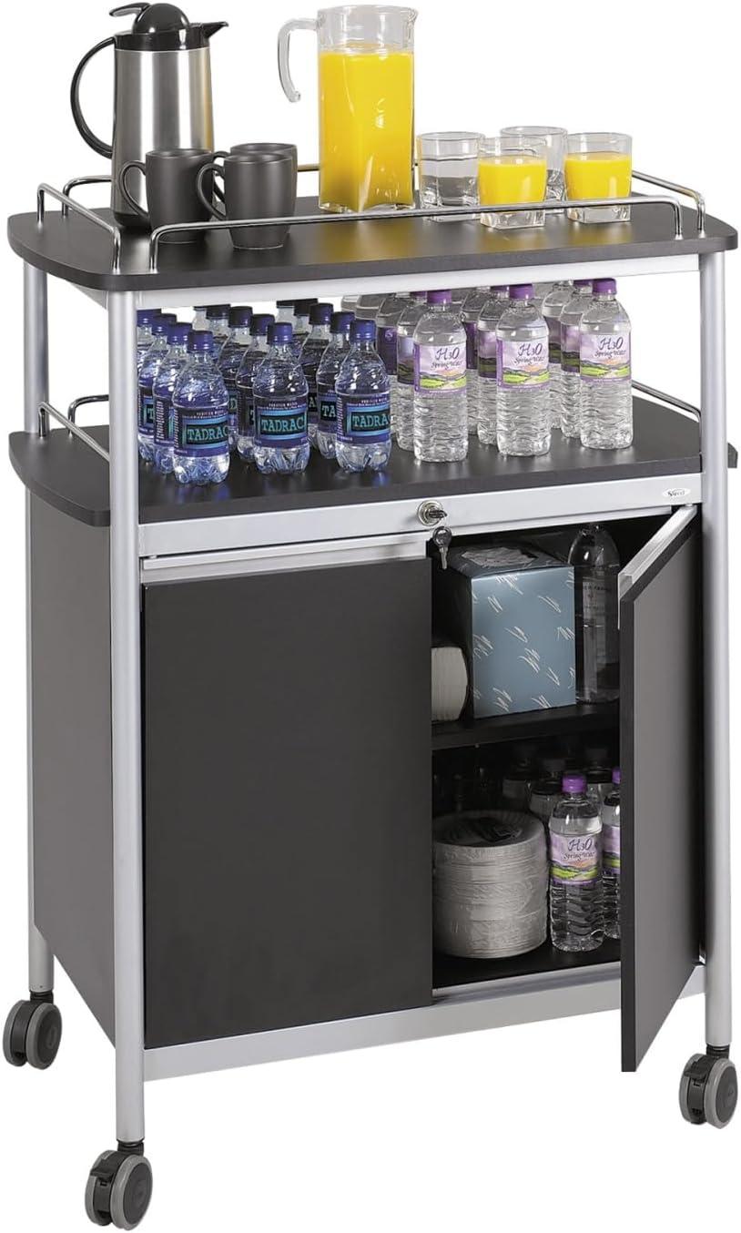 Black Melamine and Steel Beverage Cart with Storage and Wine Rack