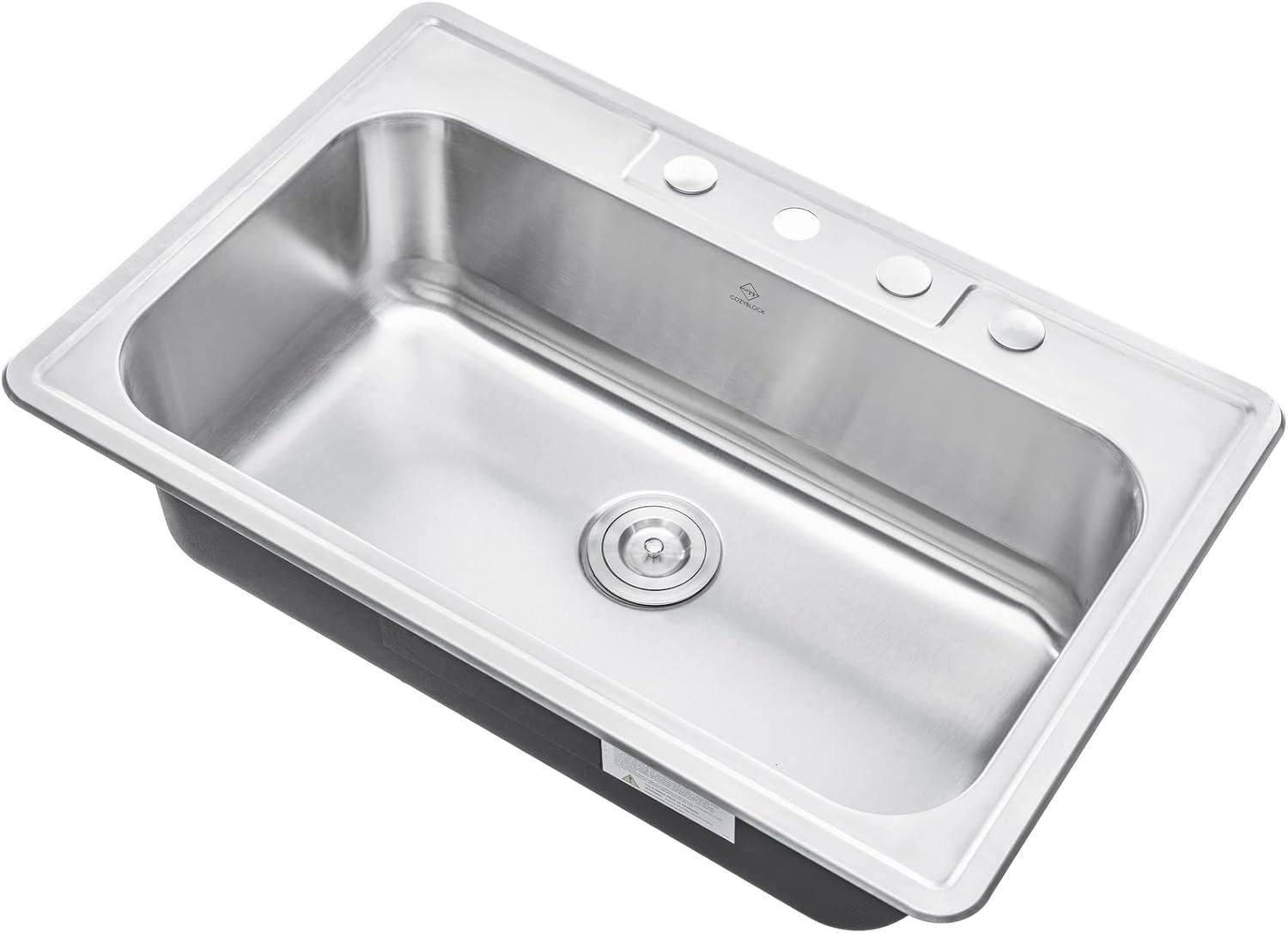 33-Inch Brushed Stainless Steel Drop-In Single Bowl Kitchen Sink