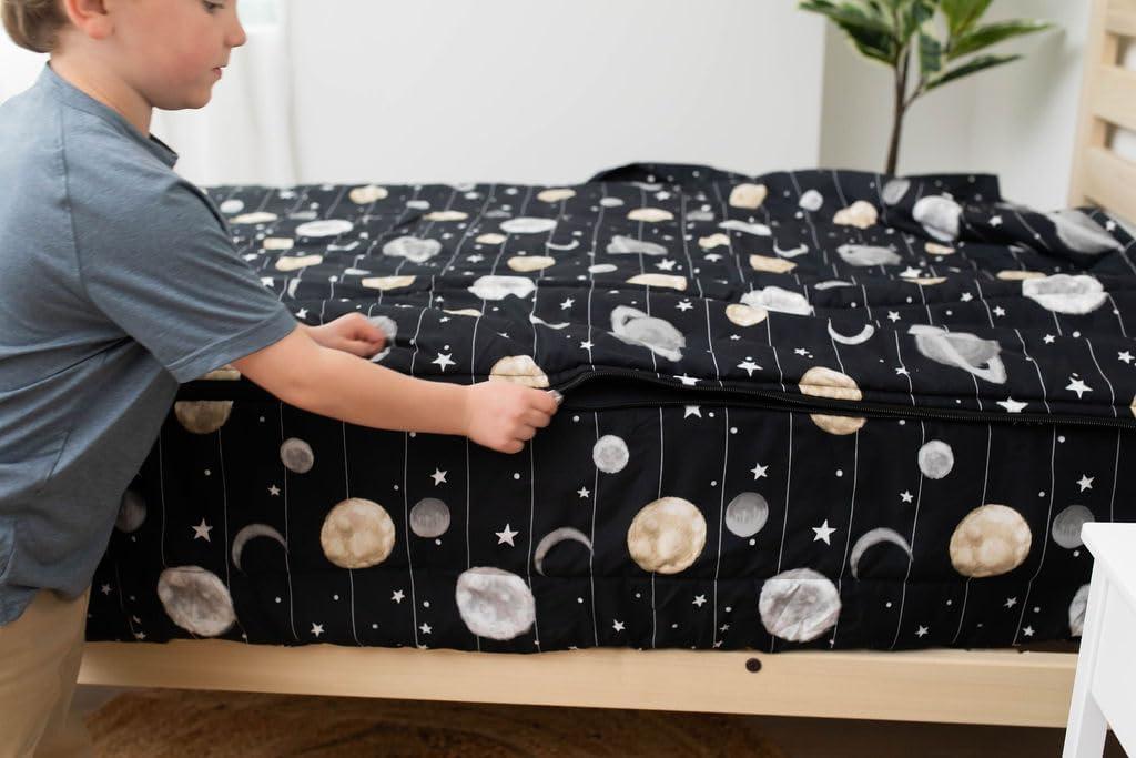 Beddy's Space Theme Durable Zipper Bedding for Kids, Bed in a Bag, Black Sheets and Universe Galaxy Comforter with Stars & Solar System, Includes Pillowcase and Sham, Easy to Make and Wash